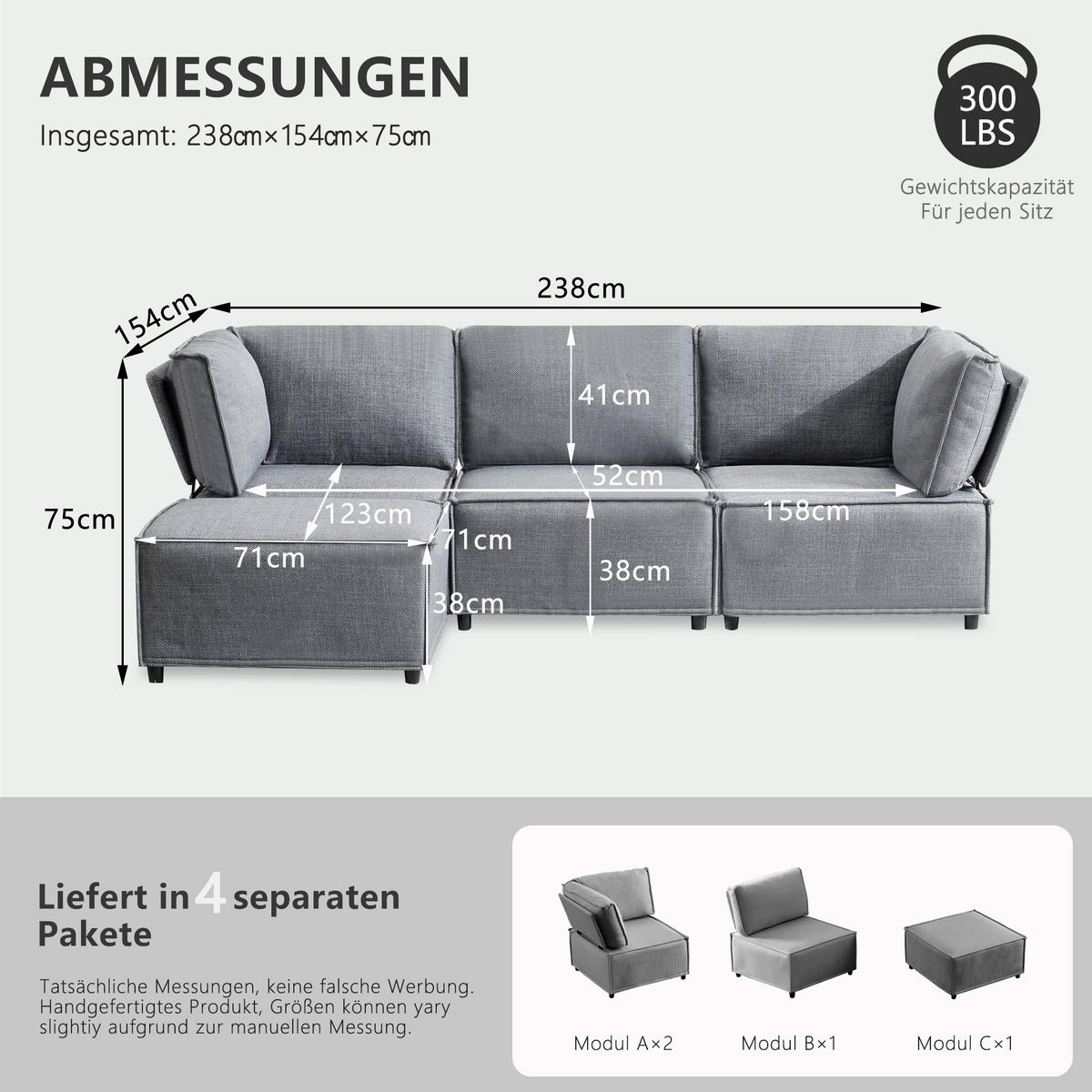 ECKSOFA DE-35021 modular Hellgrau - Hellgrau, Holzwerkstoff (154/238cm) - ComfortXL