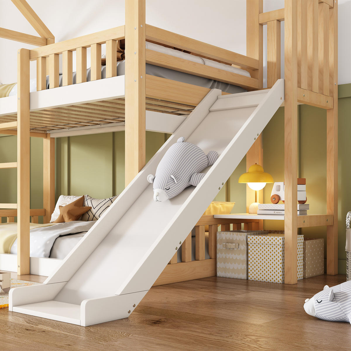 ETAGENBETT 90/200 cm & 90/200 cm in Weiß & Natur Kinderbett mit Regal und Rutsche im Hausbett-Design - Weiß/Naturfarben, Holzwerkstoff (90/200cm) - STILVORA