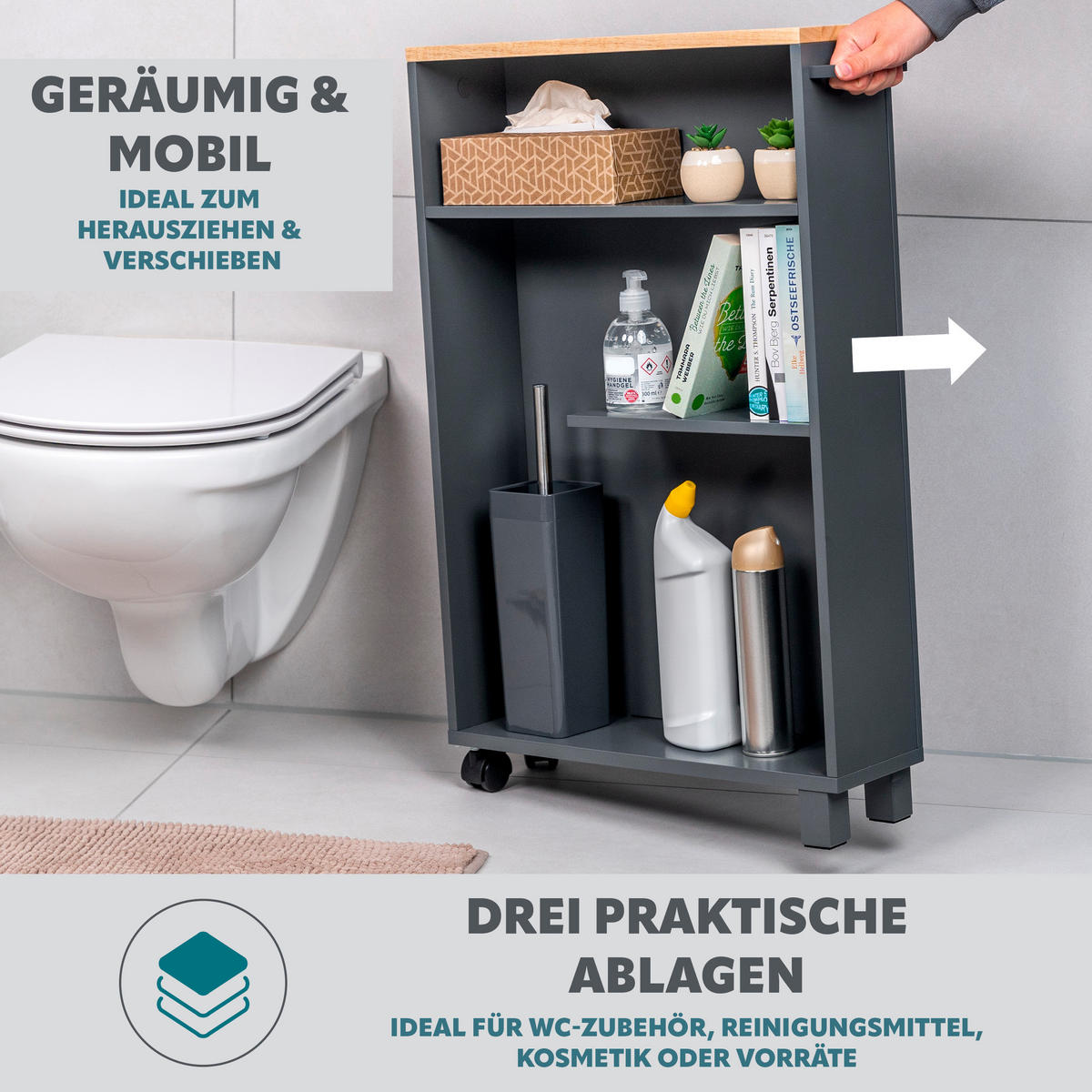 BAD-ROLLWAGEN, grau - Grau, Holz (50/79/15cm) - eluno