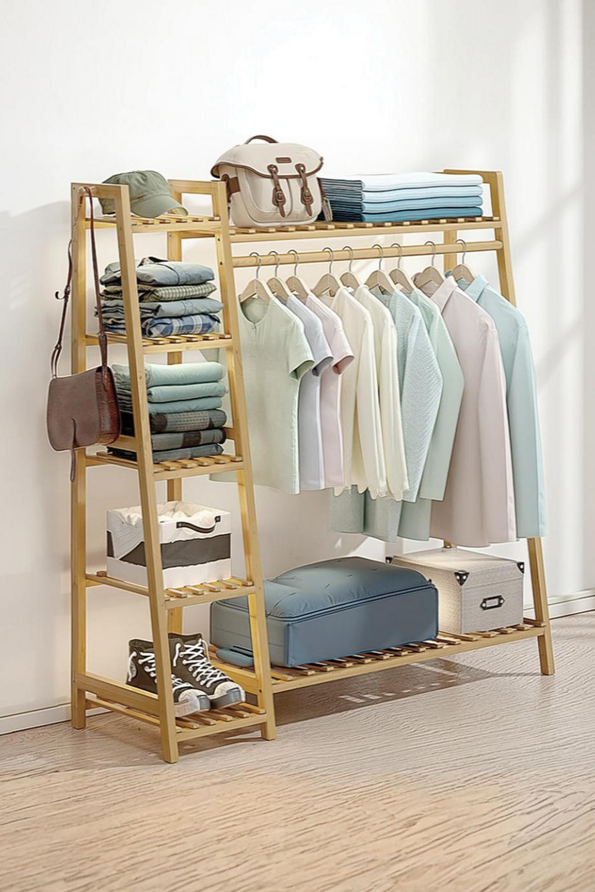 GARDEROBENSTÄNDER 7-Ablagefächer Kleiderstange Haken Freistehend aus Bambus in Naturfarben 110 x 40 x 140 cm - Naturfarben, Holz (110/140/40cm) - Livingandhome
