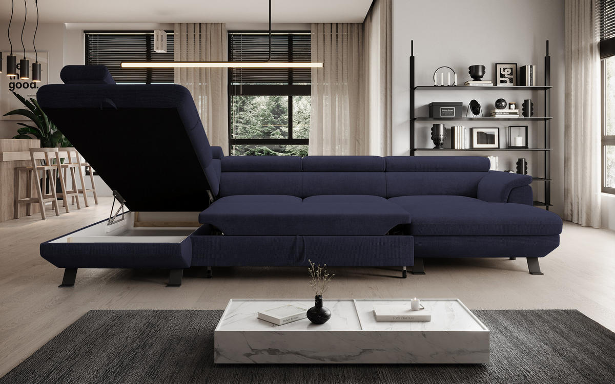 ECKSCHLAFSOFA Raven XL, Verstellbaren Kopfstützen, Bettkasten, Großes Sofa 334x198x162cm Linke, Meer - Pastellblau, Holz/Textil (198/334cm) - DomoHome