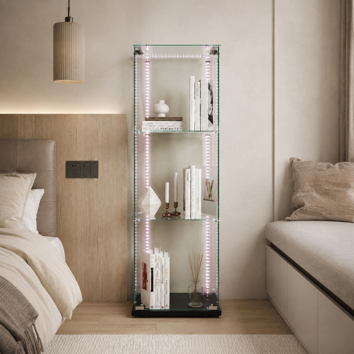 VITRINE mit RGB-Randbeleuchtung, 3-stufig, Schwarz - Schwarz, Glas (39.8/123.3/35cm) - Joyfair