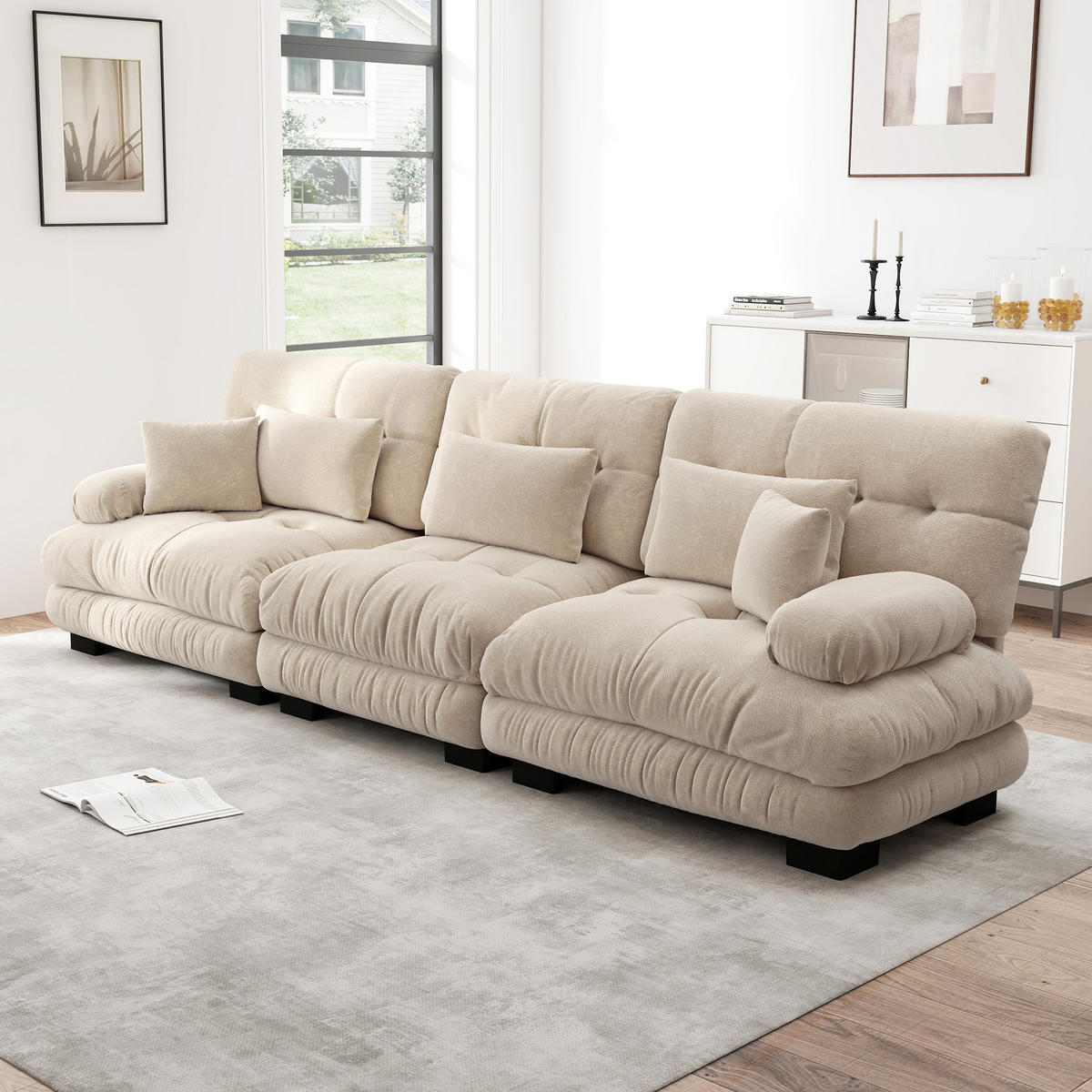 SOFA Stoff – 3-Sitzer mit Kissen - Beige, Holzwerkstoff/Textil (313/81/77cm) - Urban Meuble