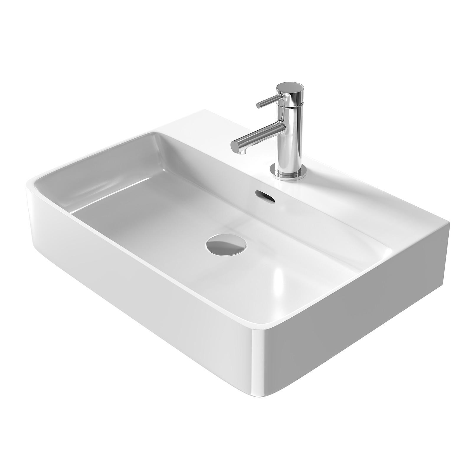 WASCHBECKEN mit 1 Hahnloch, Überlauf und Hahnlochbank, Weiß 59,5/43,5/12,5 cm - Weiß Hochglanz, Keramik (43.5/12.5/59.5cm) - EMKE