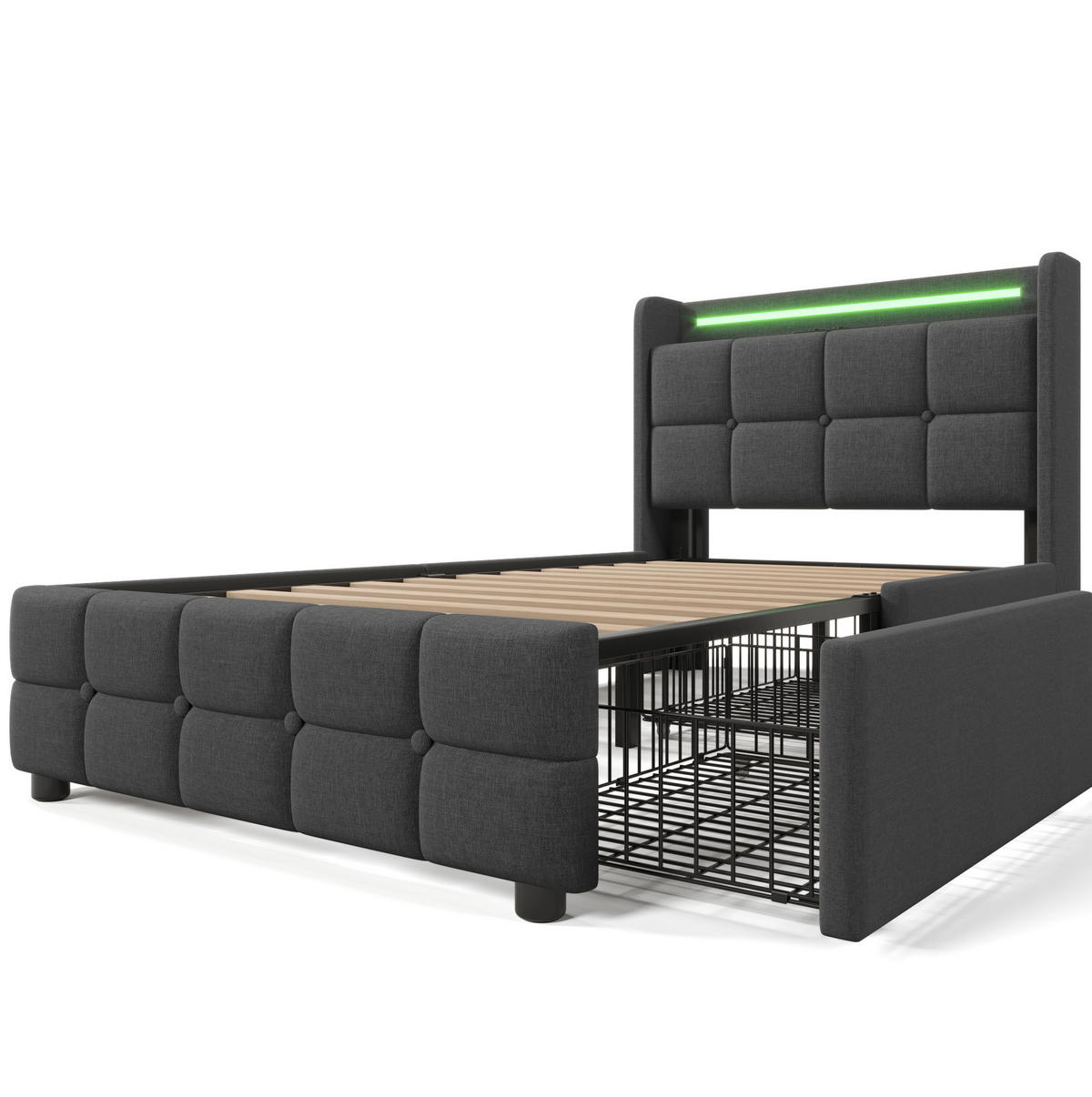 POLSTERBETT 90/200 cm grau aus Holz mit USB, LED und 2 Schubladen - Grau, Holzwerkstoff (90/200cm) - OKWISH