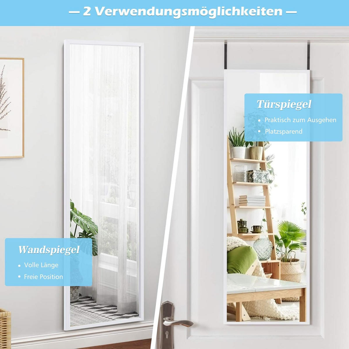 WANDSPIEGEL Türspiegel Weiß - Weiß, Glas (2/107/37cm) - COSTWAY