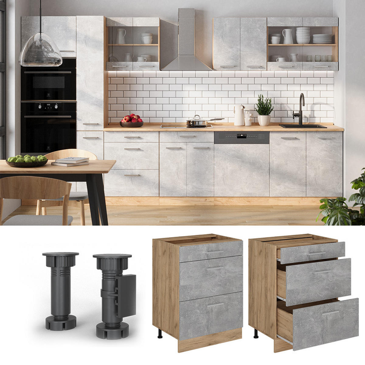 KÜCHENUNTERSCHRANK R-Line Beton 60 cm mit Schubladen, AP Eiche - Honigeiche/Schieferfarben, Holzwerkstoff (60/81.6/60cm) - Vicco
