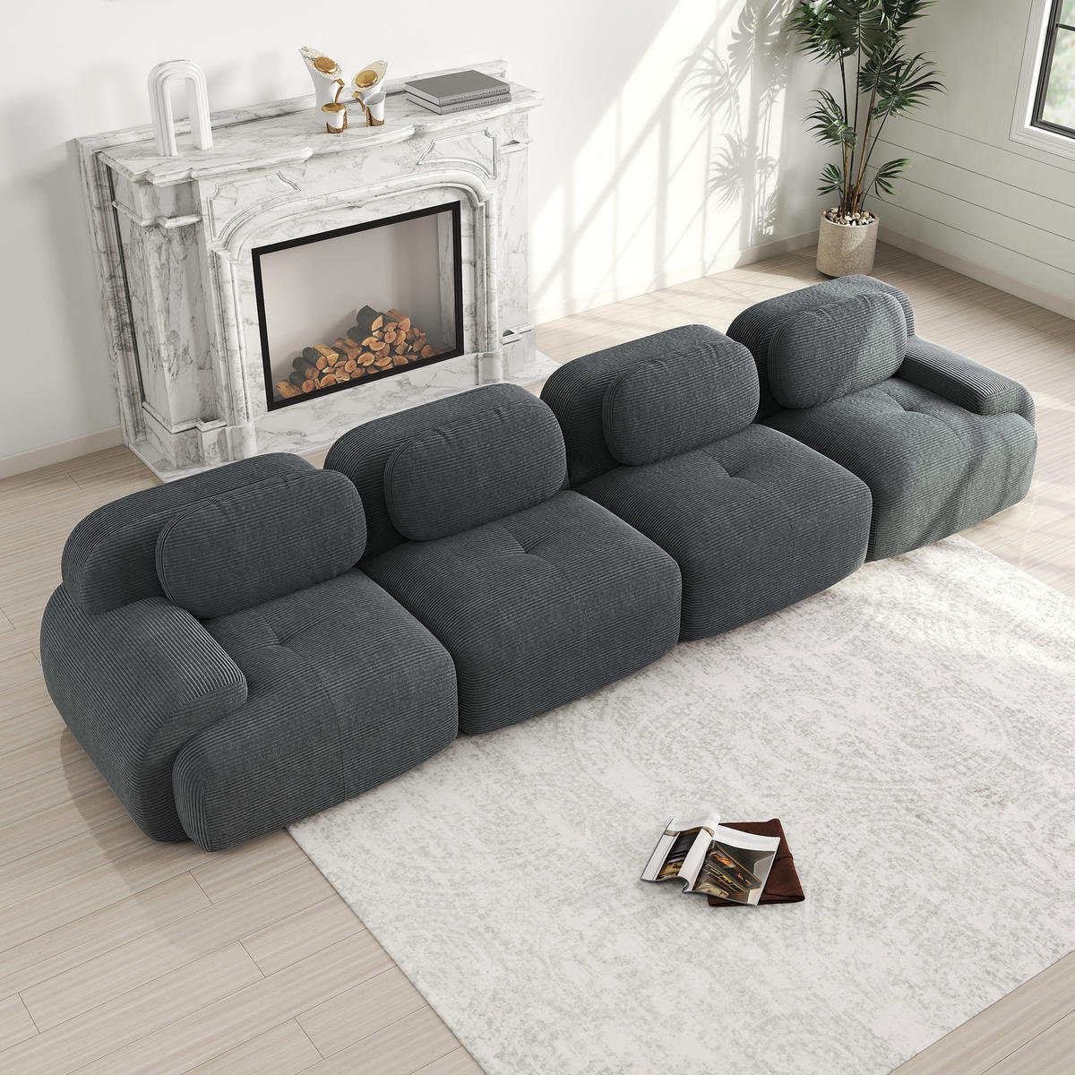 4-SITZER SOFA Cord Grau - Grau, Textil (388/75/103cm) - WISHDOR