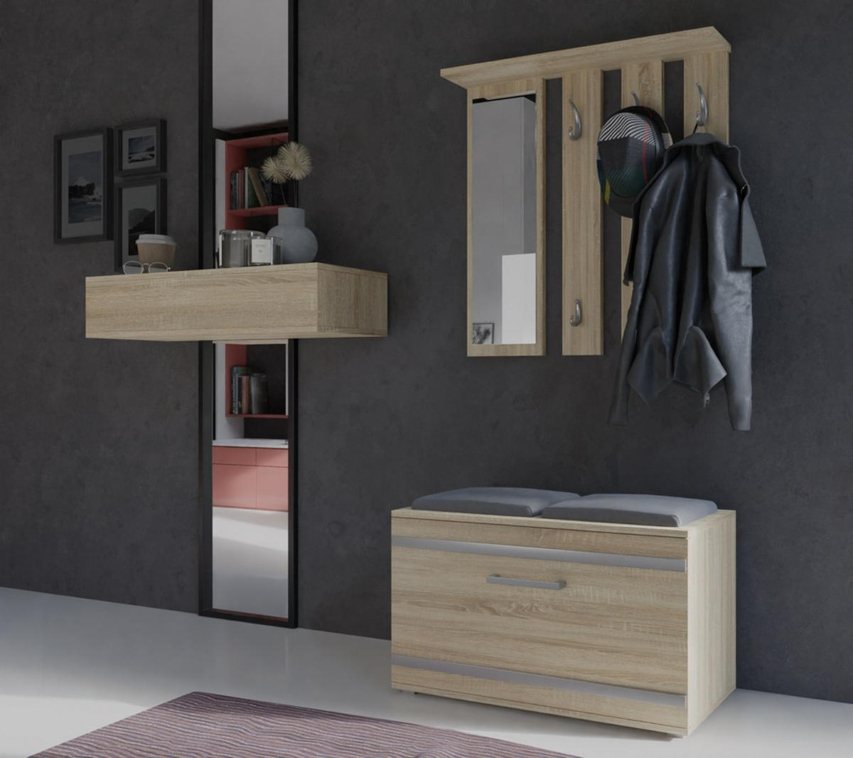 GARDEROBE set de mobilier pentru hol cu oglindă Sonoma 85/180/35 - stejar Sonoma, compozit lemnos (85/180/35cm) - RAUMHIRSCH FURNITURE