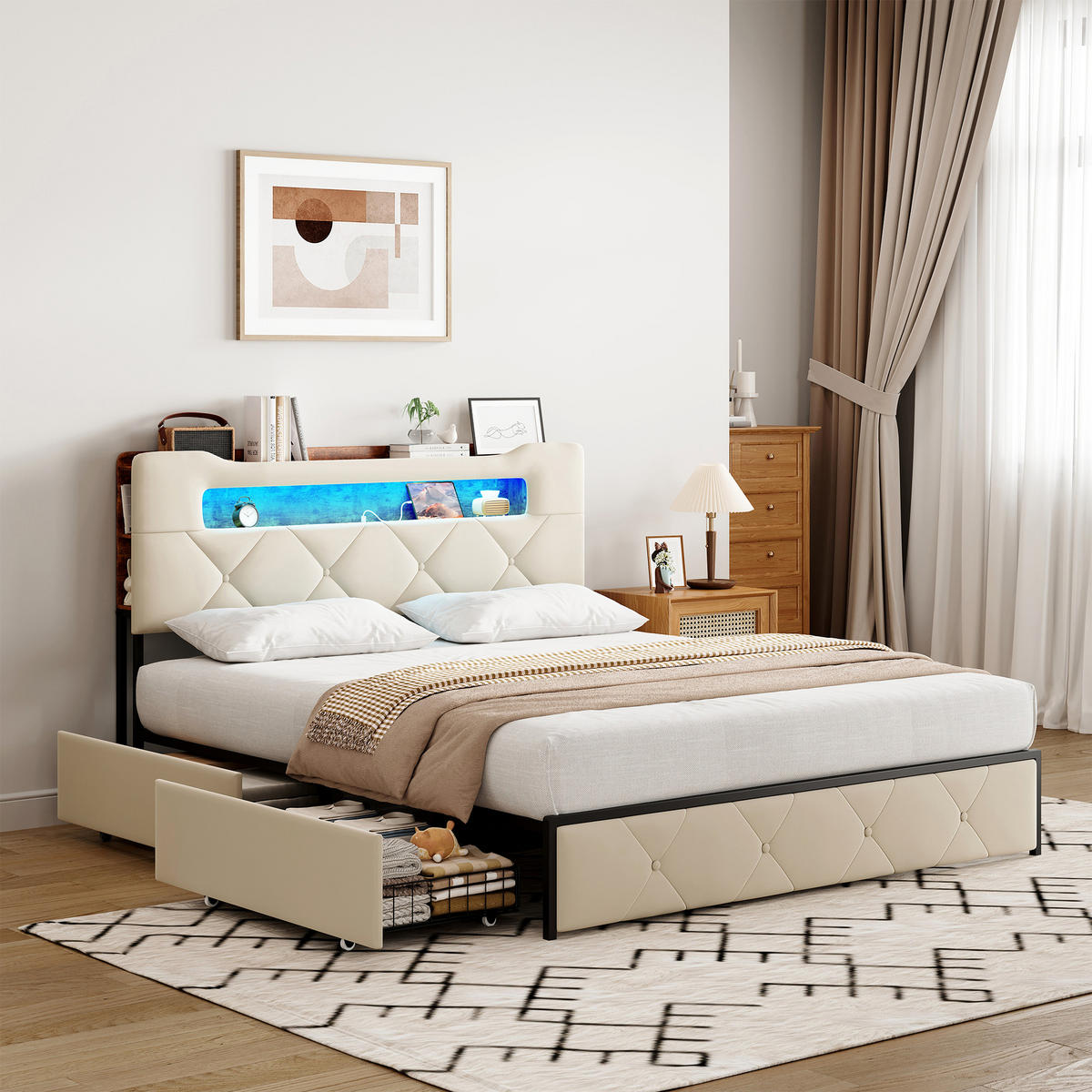 POLSTERBETT 140x200 cm Beige Stoff LED USB 4 Schubladen - Beige, Holz (140/200cm) - SHOPENTRA
