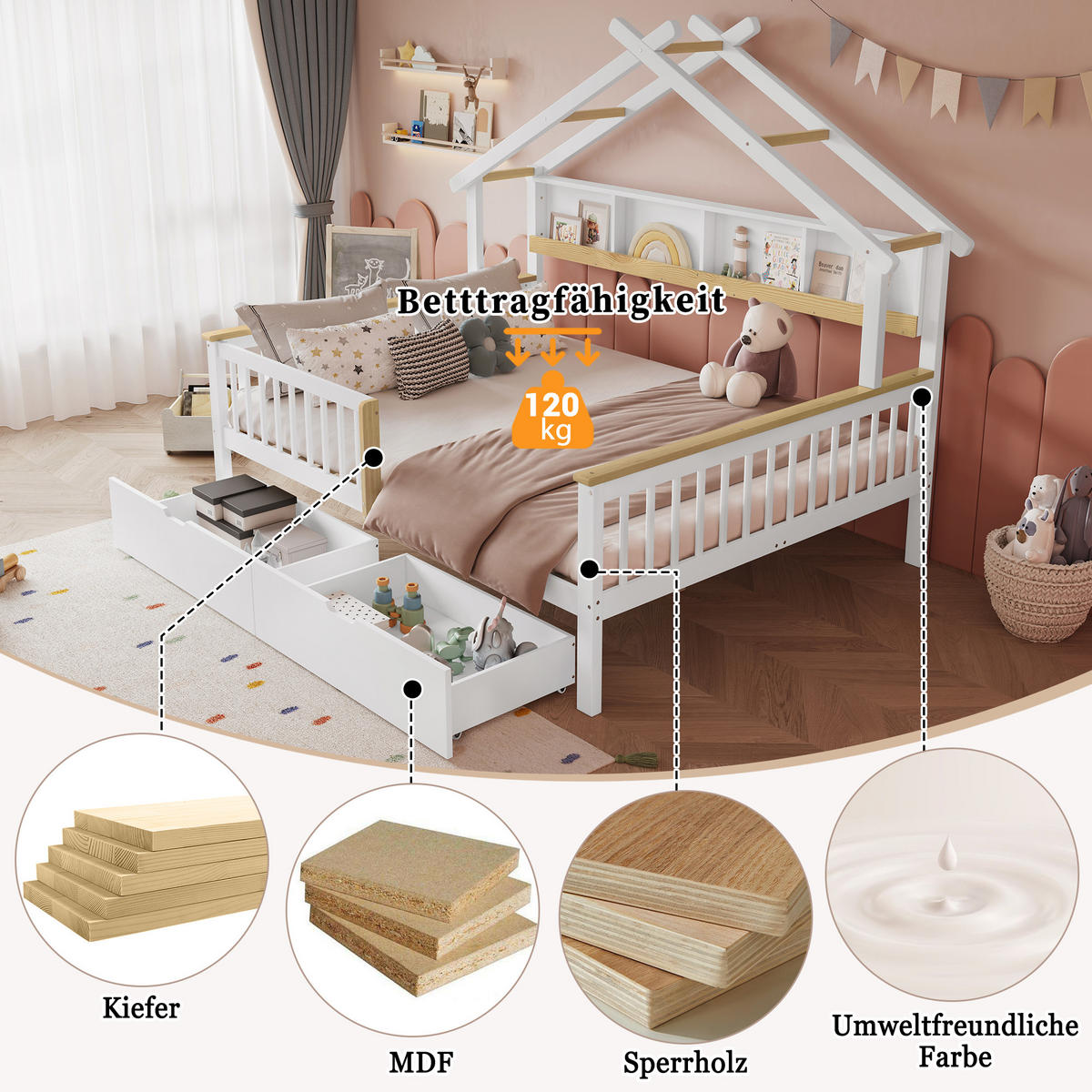 KINDERBETT 140/200 cm in Weiß & Natur mit 2 Schubladen und Dachdesign - Weiß/Naturfarben, Holz/Holzwerkstoff (140/200cm) - CHICFURN