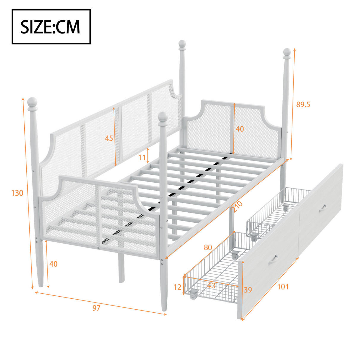METALLBETT 90/200 cm als Sofabett mit 2 Schubladen im Vintage-Stil, Metall, Weiß - Weiß, Metall (90/200cm) - Redom