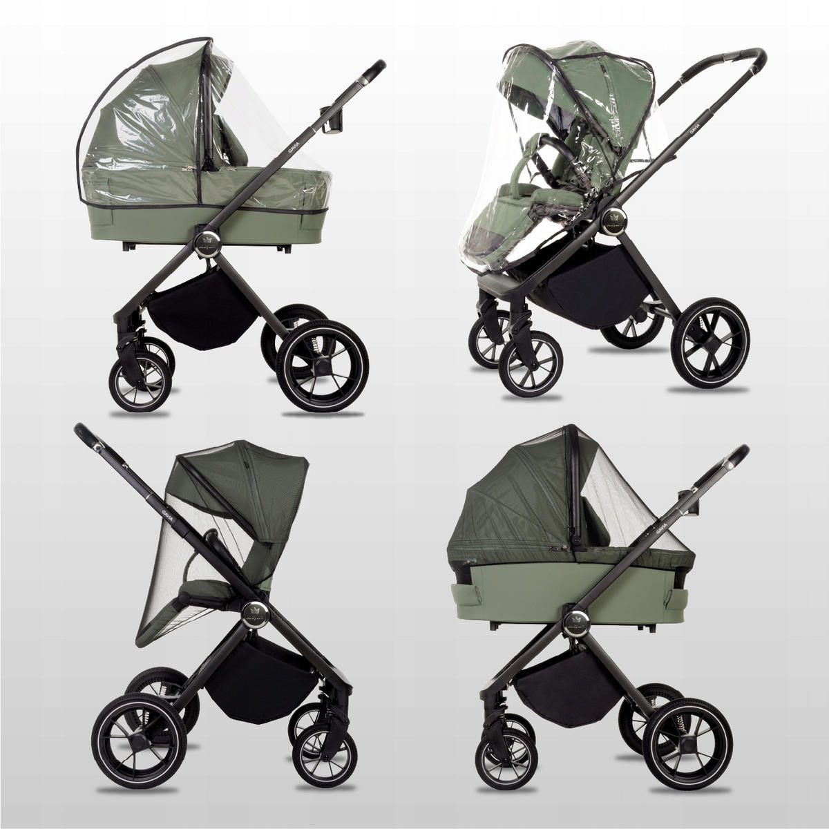 KINDERWAGEN Gavia 3in1 Sapphire Babywanne, Buggy Sportsitz, Babyschale I-Size - Schwarz/Grün, Textil/Metall (58/99cm) - BabyLux