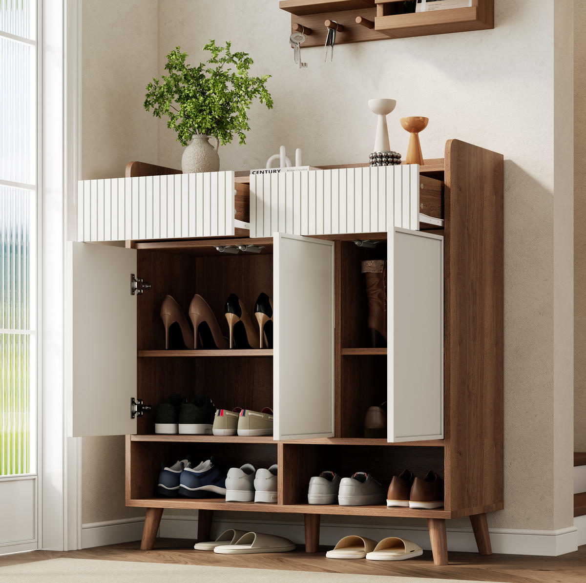 SCHUHSCHRANK 90/35/100 cm mit 3 Türen, 2 Schubladen und Holzbeinen - Weiß, Holzwerkstoff (90/100/35cm) - BEAOK