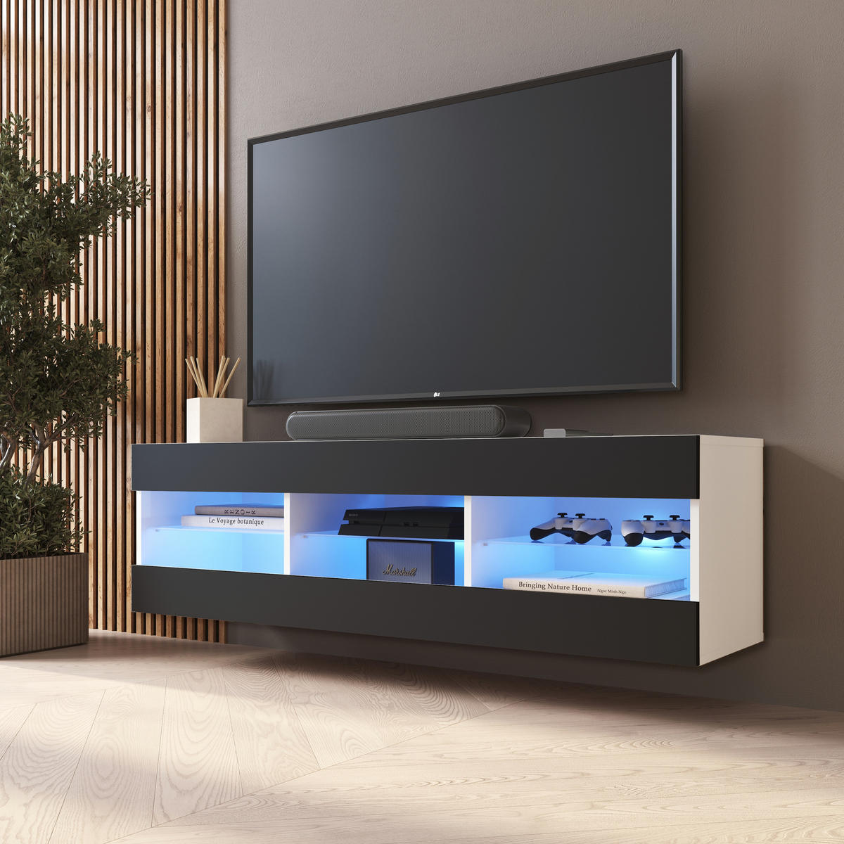 LOWBOARD TIVOLI RTV 140, Schwarz, LED Blau - Schwarz/Weiß, Glas/Holzwerkstoff (140/40.5/35.5cm) - Komodee