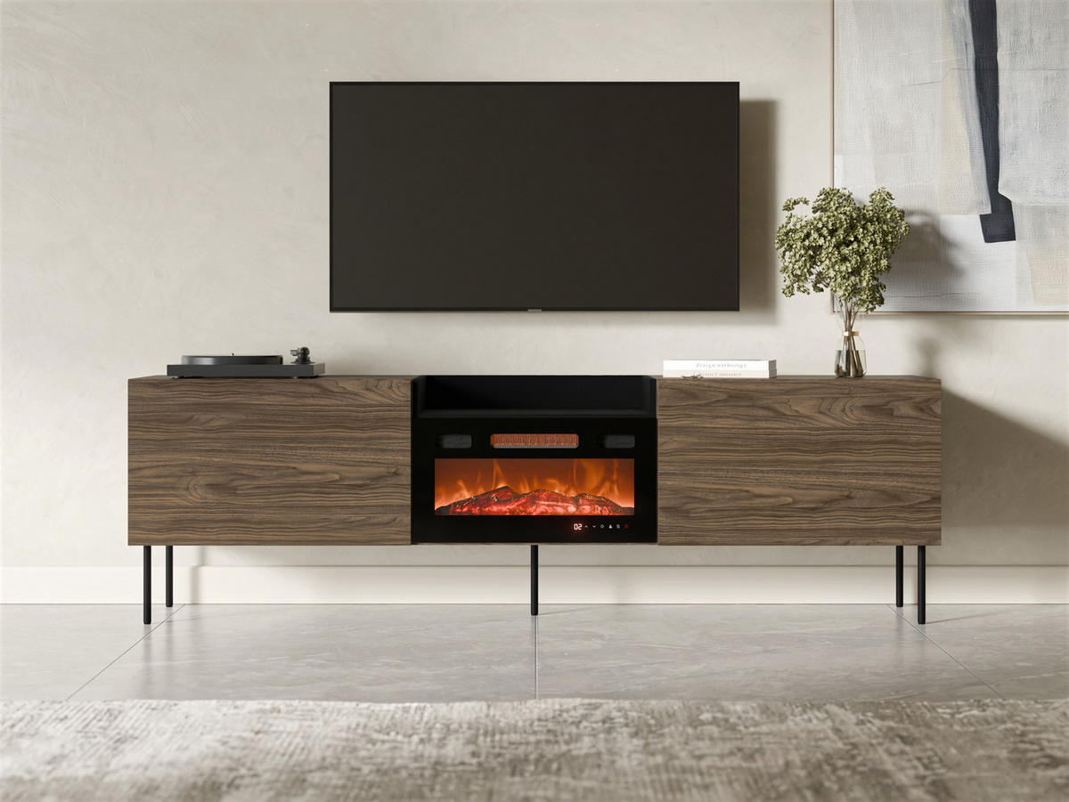 TV-LOWBOARD Kanton mit Kamin - Nussbaumfarben/Schwarz, Holzwerkstoff/Metall (200/61/41cm) - MIRJAN24