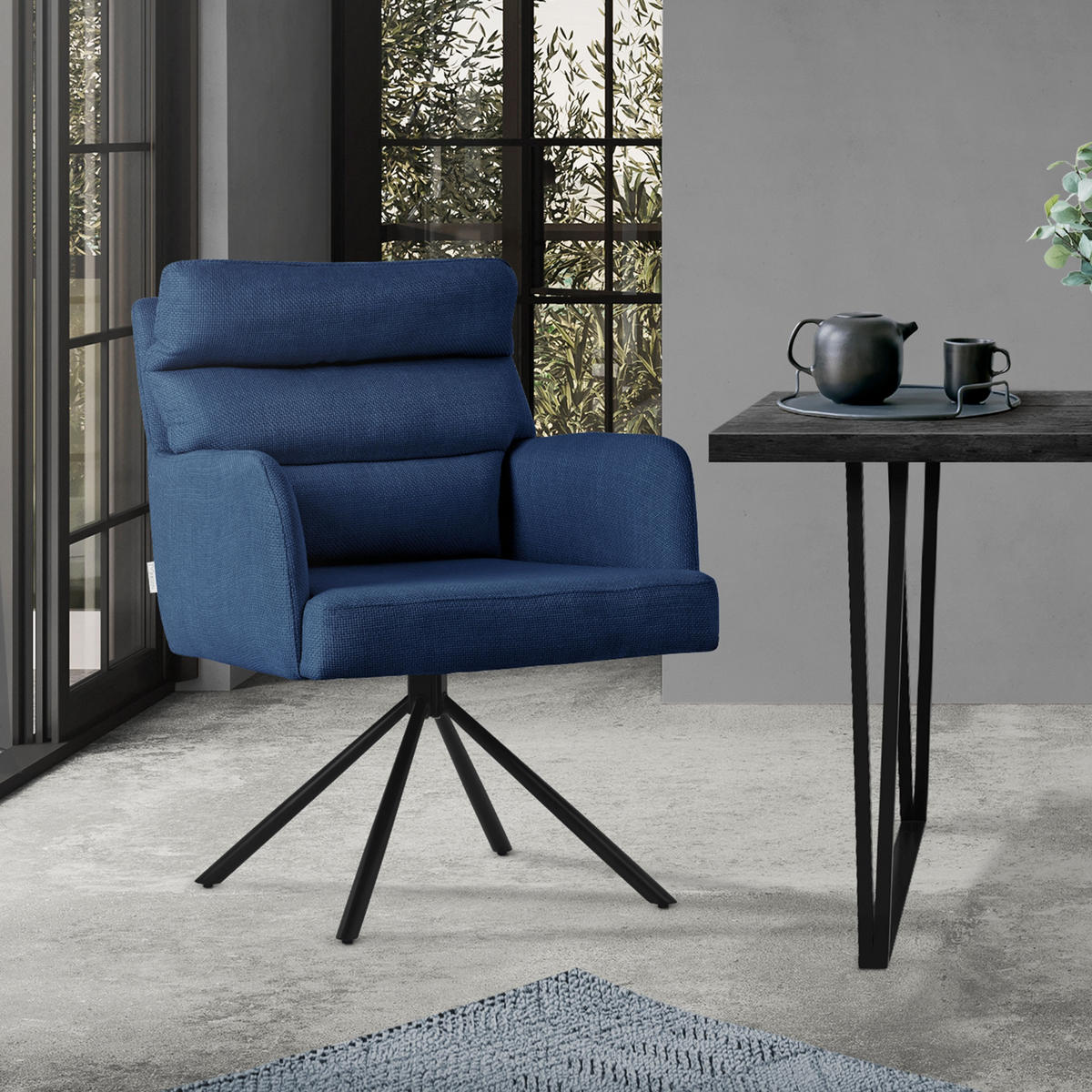 ESSZIMMERSTUHL drehbar Dunkelblau Stoffbezug - Schwarz/Dunkelblau, Textil/Metall (64.5/93/64cm) - ML-DESIGN