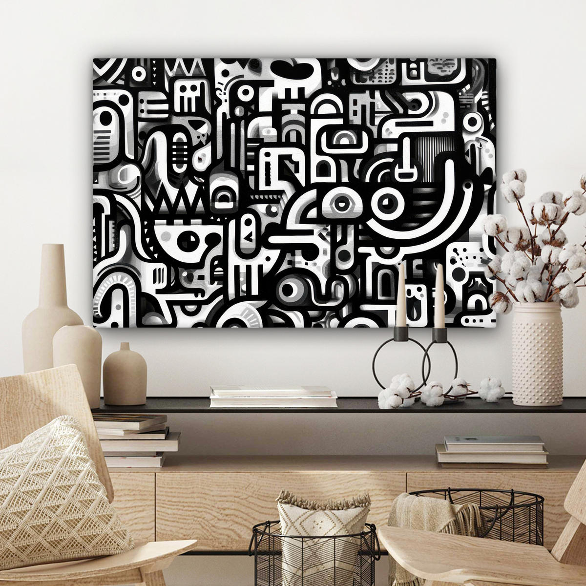 LEINWANDBILD Symbole - Abstrakt - Grafik - Schwarz Wanddeko 90x60 cm - Schwarz, Textil (90/60cm) - MuchoWow