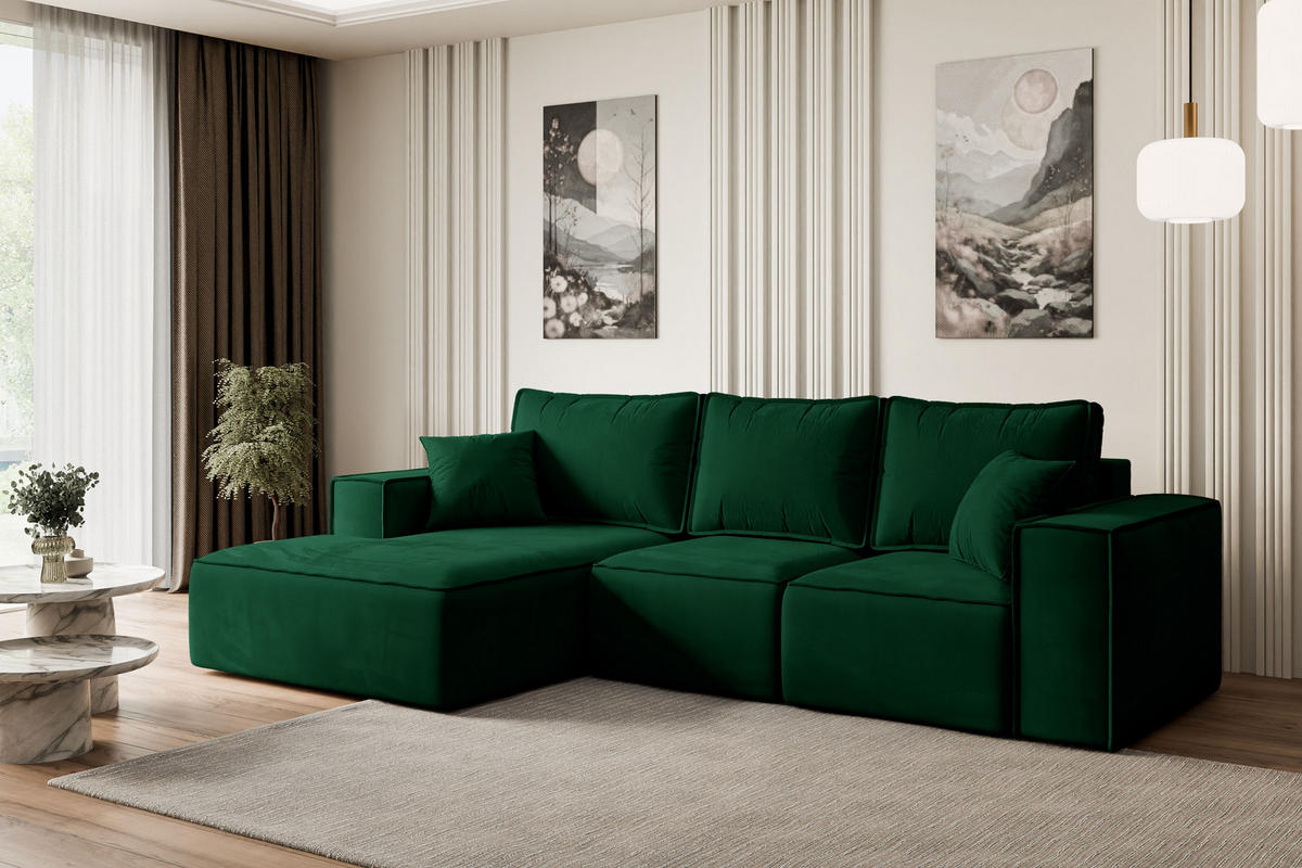 ECKSOFA mit Schlaffunktion und Bettkasten SERRA-L-S - 266x161x87 cm Grün Velours - Schwarz/Grün, Holzwerkstoff/Kunststoff (266/161cm) - ALTDECOR