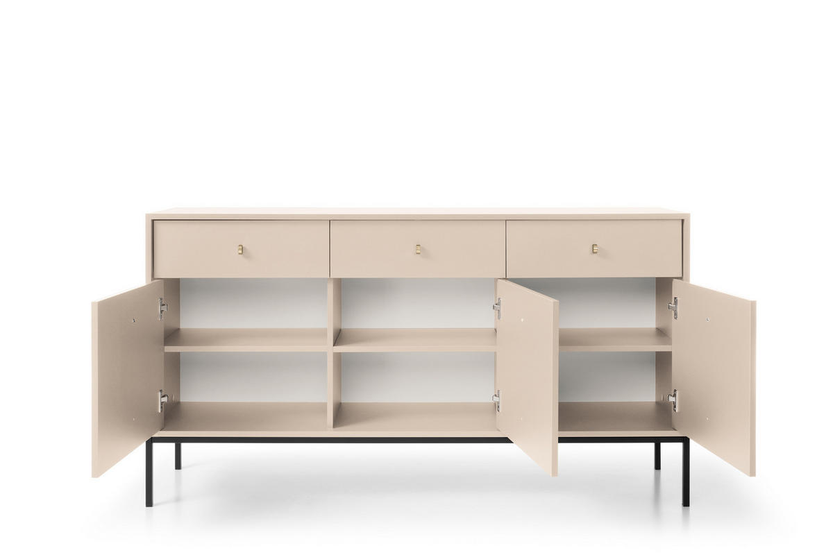KOMMODE Molly Beige, Schwarze Beine, Dreitürige mit Schubladen - Beige/Schwarz, Holzwerkstoff/Metall (154/83/39cm) - Bettso