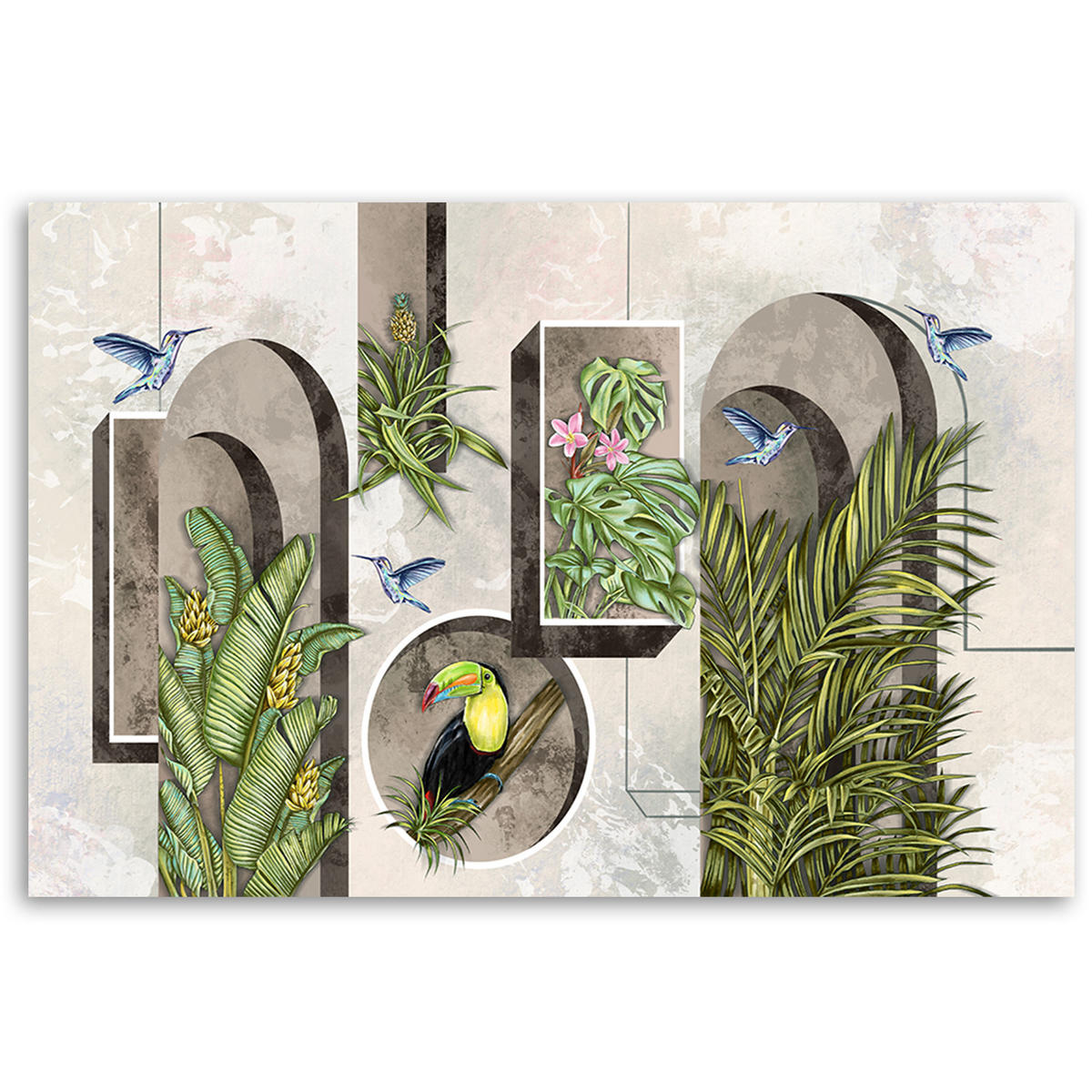 WANDBILD formen in der wand mit pflanzen und vögeln toucan koliber - Beige, Textil (60/40cm) - Feeby