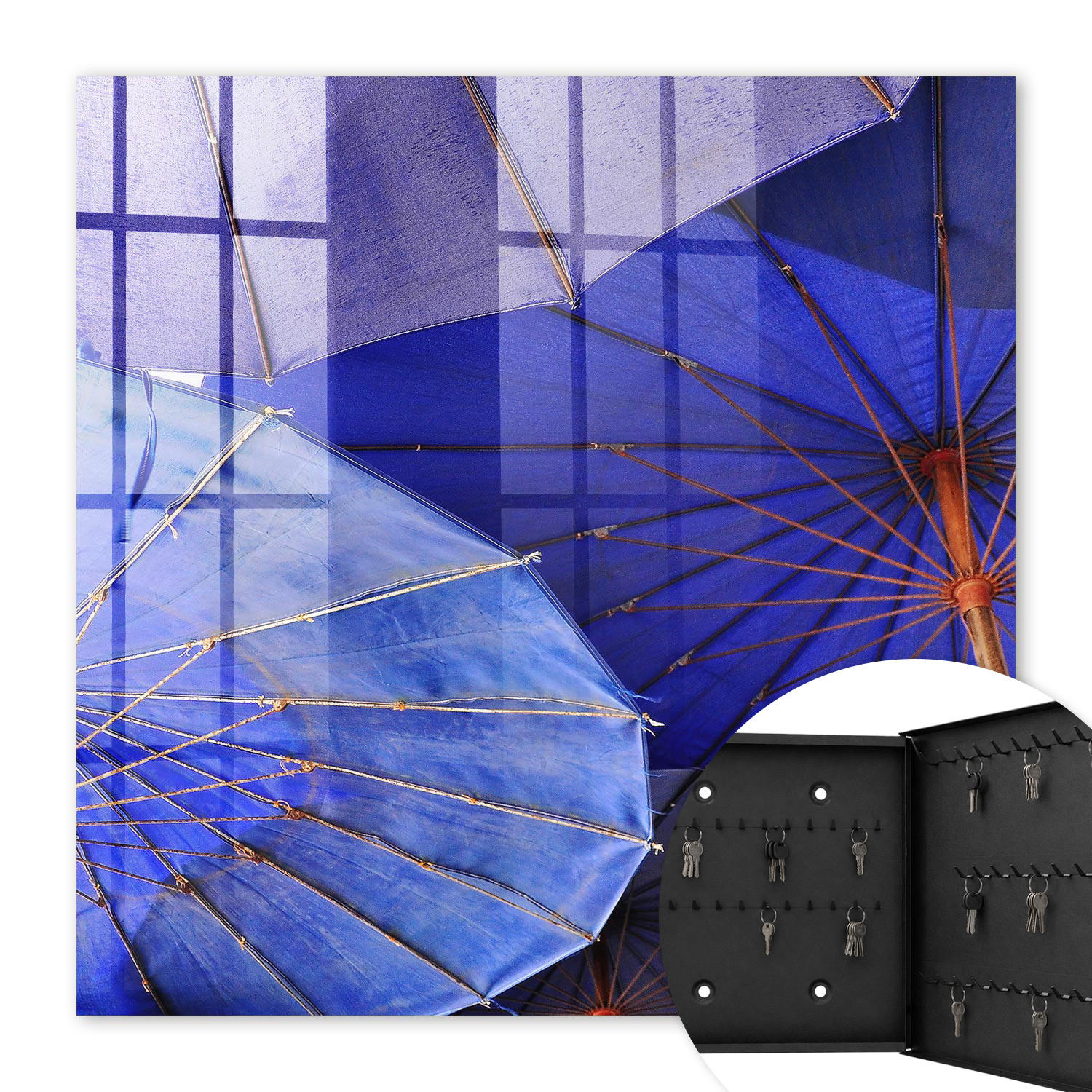 SCHLÜSSELBOX Schwarz 30x30 cm- Türöffnung nach rechts - Blaue Regenschirme - Blau, Metall (30/30/5cm) - TULUP