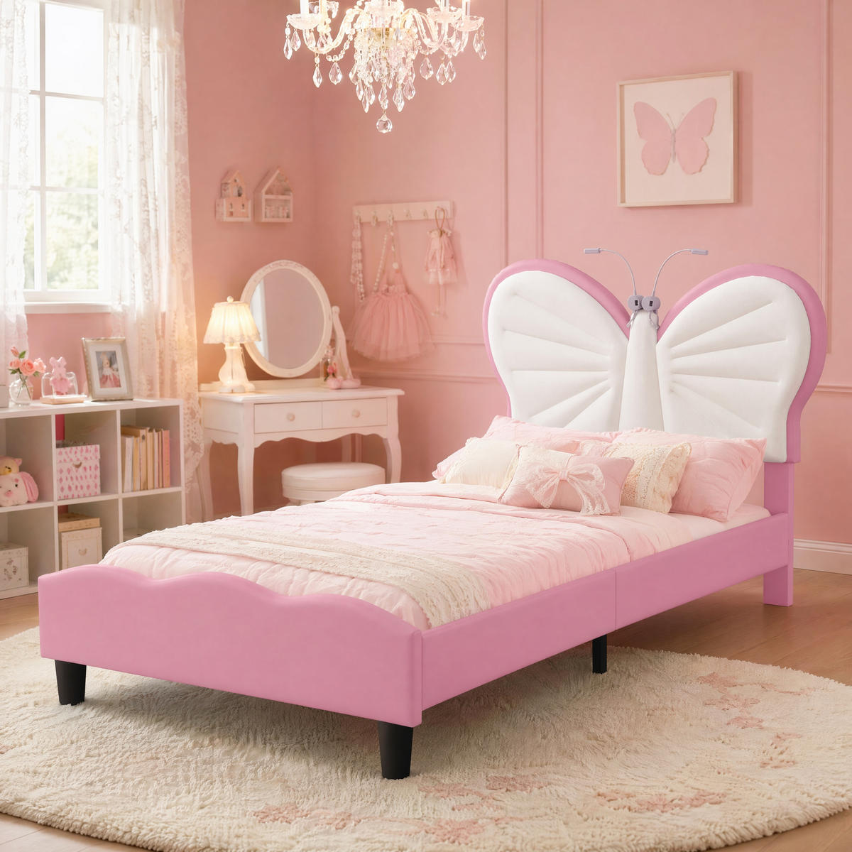POLSTERBETT 90x200cm rosa/weiß Schmetterling, Leselampe, Kopfpolster - Pink/Naturfarben, Leder/Holz (90/200cm)