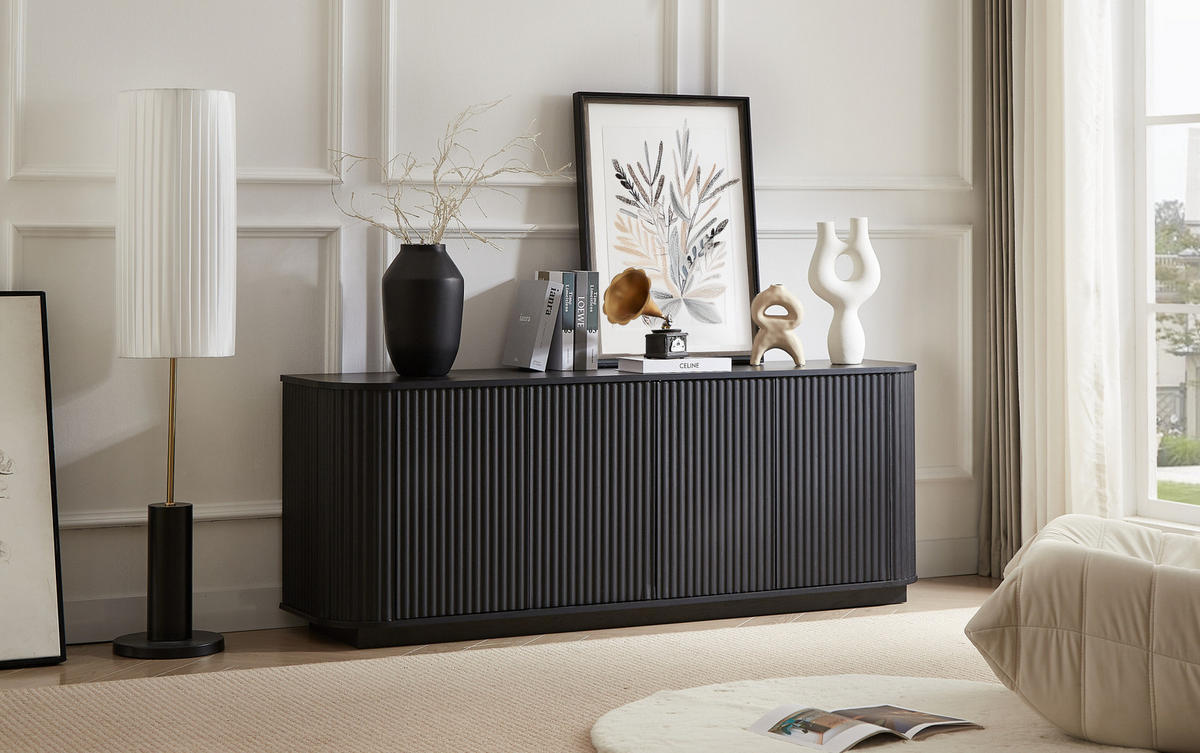 SIDEBOARD aus MDF 162,5x38x61 cm Schwarz mit 4 Türen, Wellenmuster und Druckmechanismus - Schwarz, Metall (162/61/38cm) - Modfu