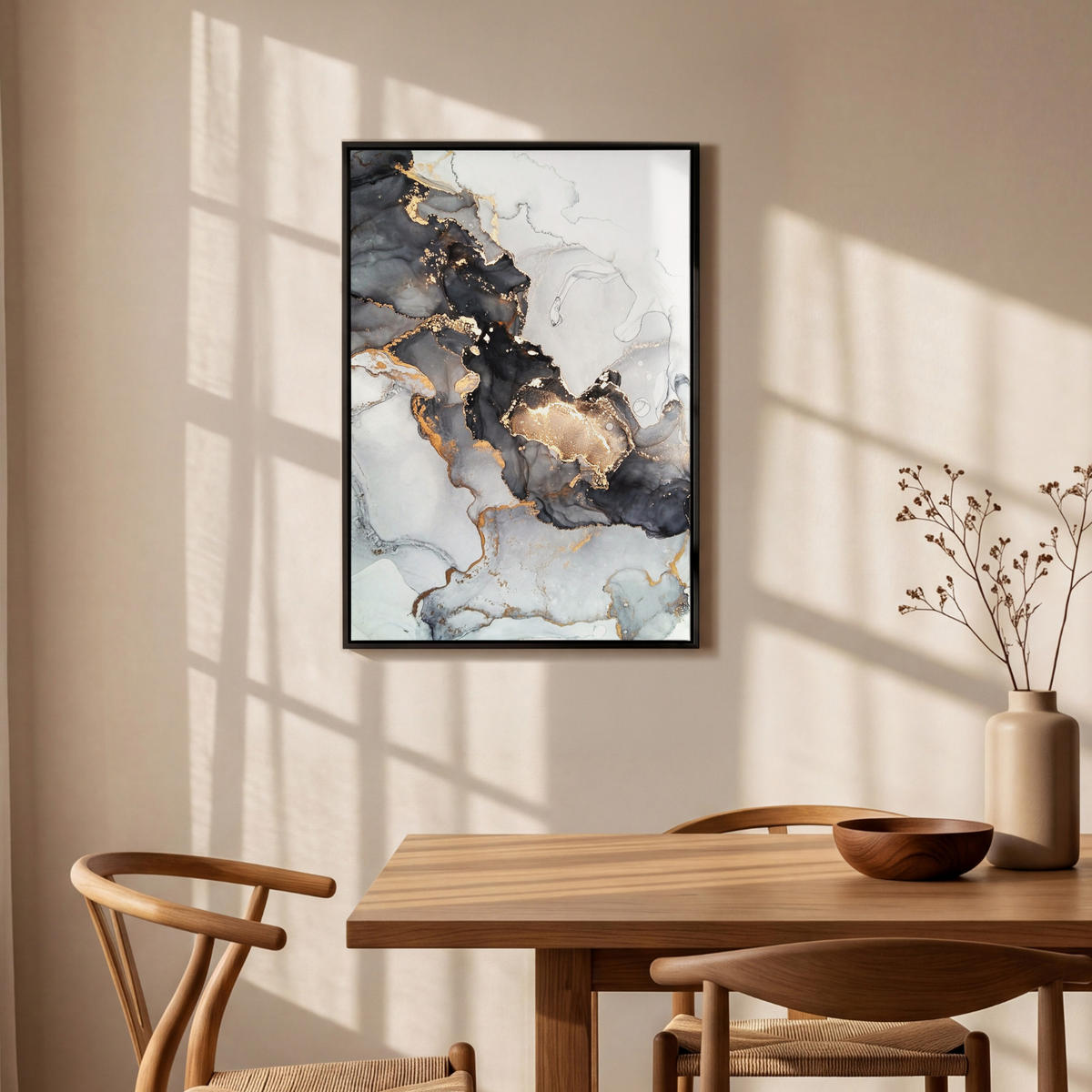 LEINWAND Bilder mit Rahmen - Marmor - Schwarz - Weiß - Gold - Luxus - Abstrakt - 60x90 - Goldfarben, Textil (60/90cm) - MuchoWow
