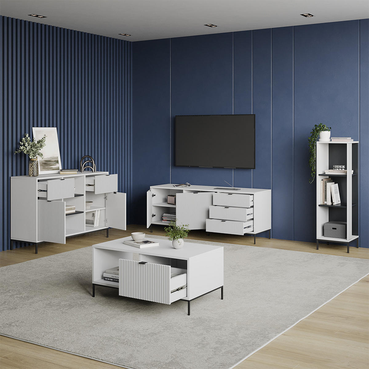 LOWBOARD Aterno Weiß 150 x 60 cm mit 3 Schubladen, 2 Türen - Weiß, Holzwerkstoff (150/60/42cm) - Livinity®