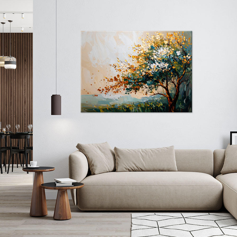 LEINWANDBILD Baumblätter Landschaft in Beige 90x60cm - Grün, Textil (90/60cm) - Feeby