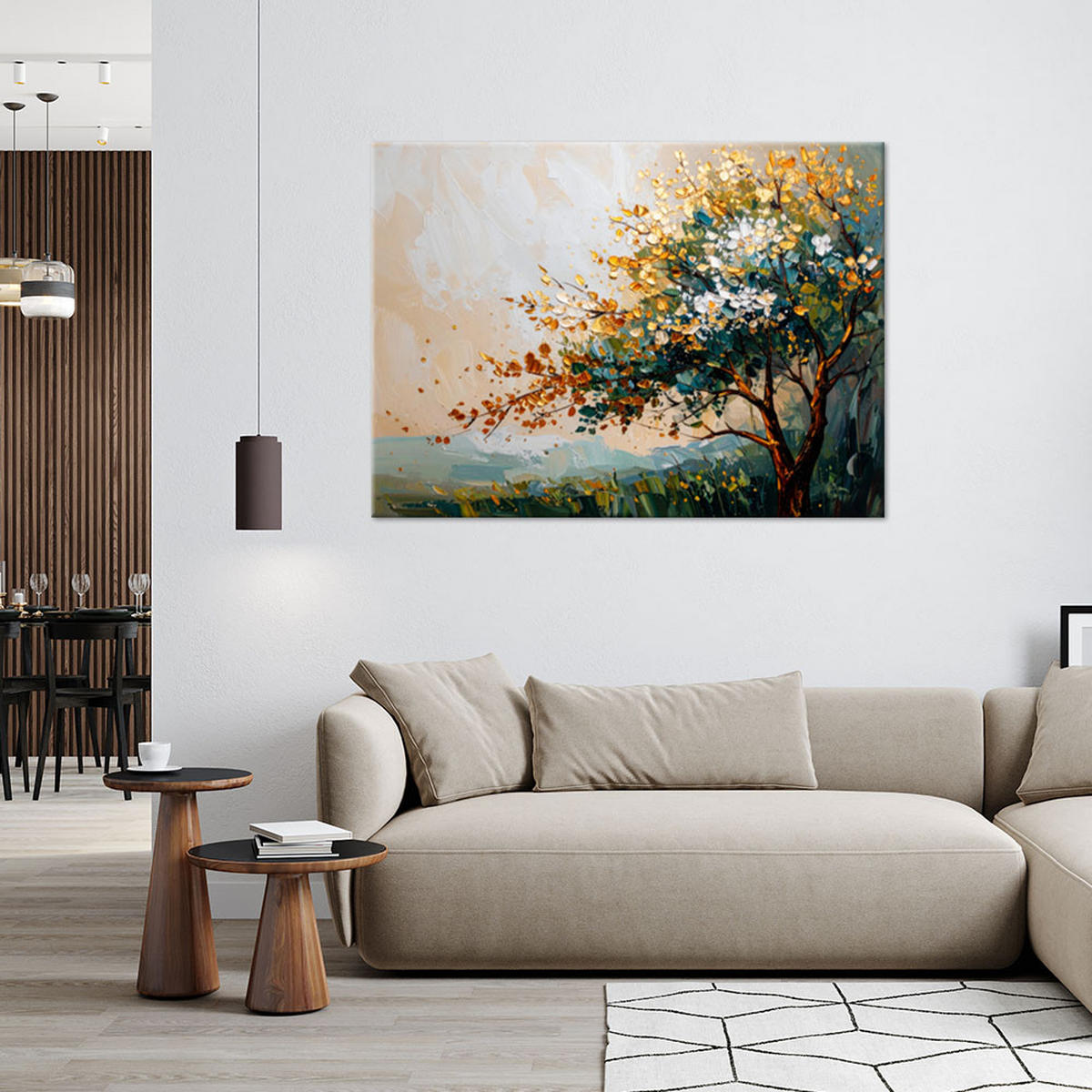 LEINWANDBILD Baumblätter Landschaft in Beige 90x60cm - Grün, Textil (90/60cm) - Feeby