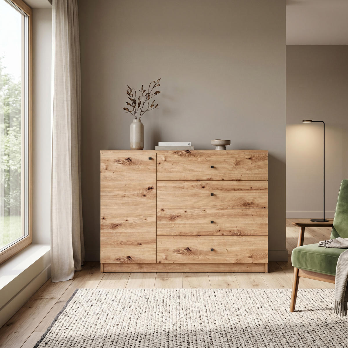 KOMMODE NATURIO 120/87/40cm mit 4 Schubladen 1 Türen Eiche Artisan - Eiche Artisan, Holzwerkstoff (120/87/40cm) - MASSENO