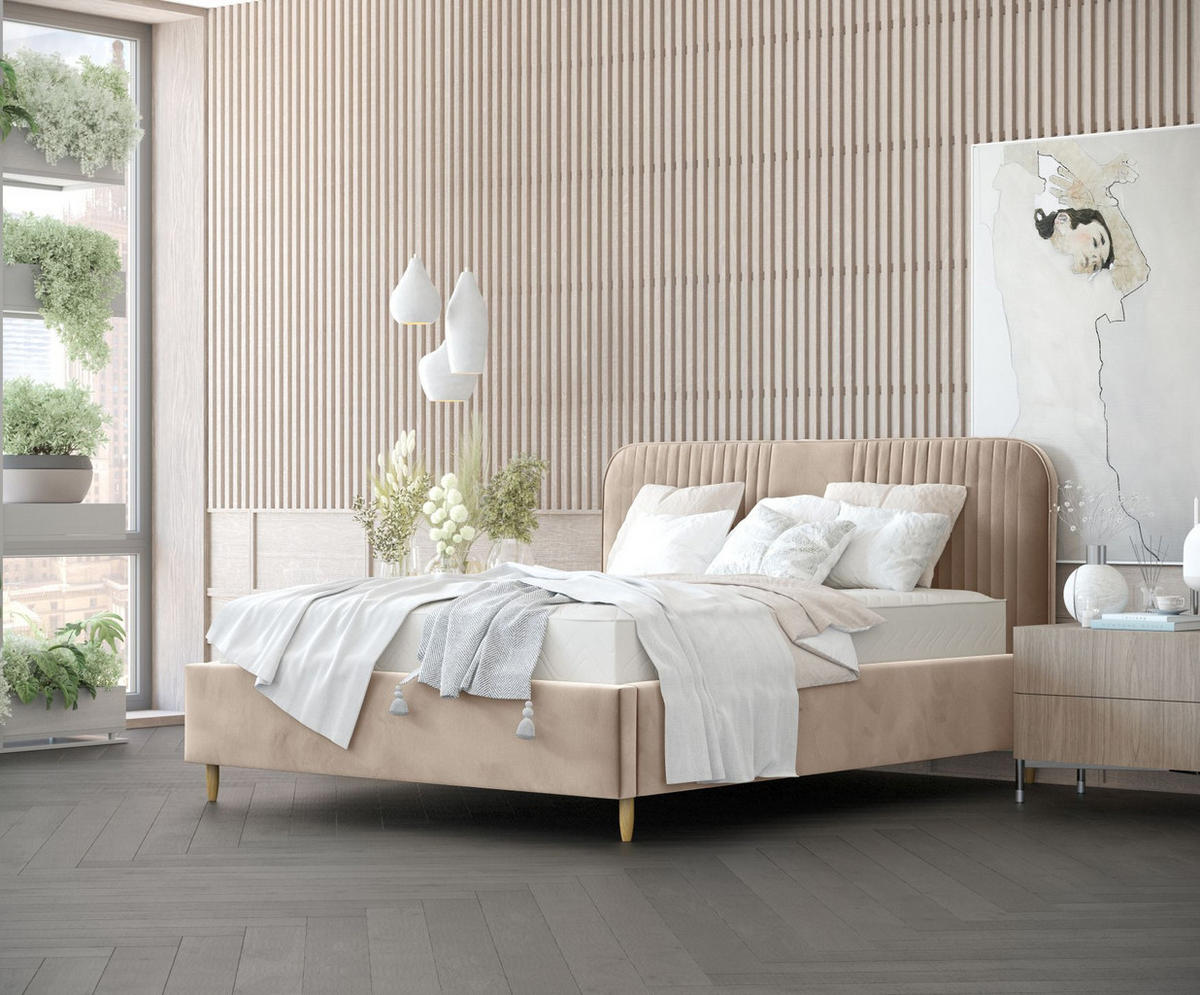 POLSTERBETT Livy Beige 140/200 cm im Samtstoff - Beige/Naturfarben, Holz/Holzwerkstoff (140/200cm) - Maison de Reve