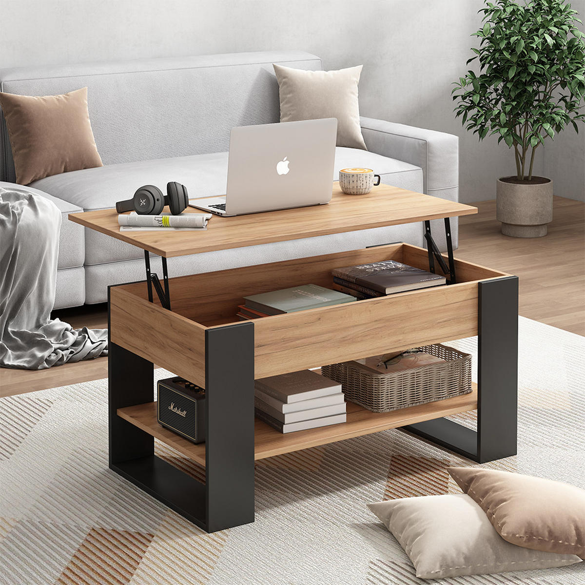 COUCHTISCH Lifto Eiche/Anthrazit 92 x 51 cm mit Liftfunktion - Anthrazit/Grau, Holzwerkstoff (51/92/47cm) - Vicco