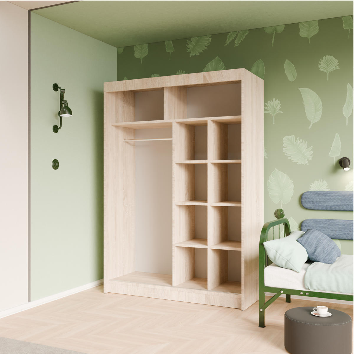 SCHIEBETÜRENSCHRANK ELIS - Weiß/Sonoma Eiche, Holzwerkstoff (150/215/61cm) - Meblini