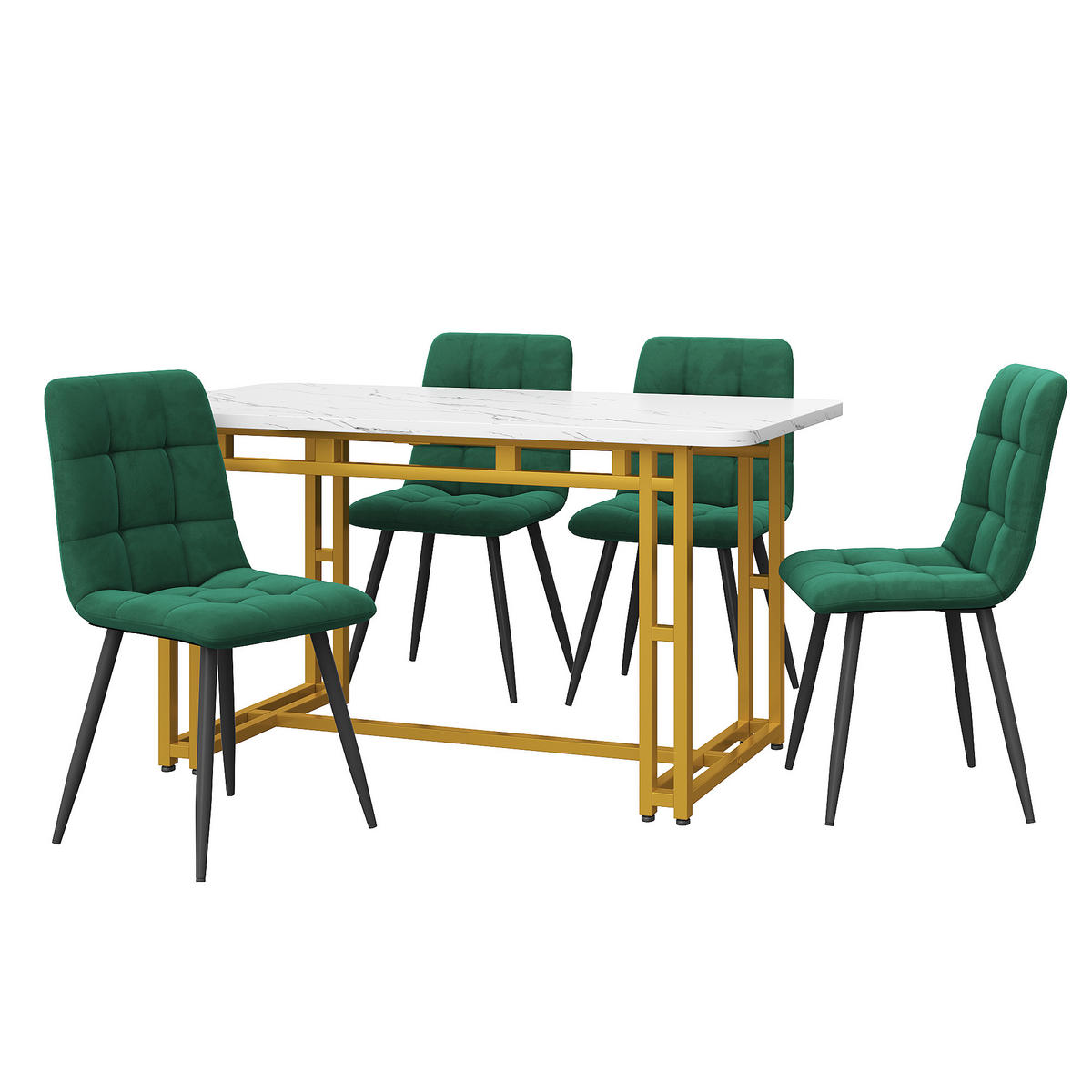 ESSZIMMER-SET 5-teilig mit Tisch 120x70 und vier samtbezogenen Stühlen mit Gold-Metallbeinen für Ess- und Wohnzimmer, weiß-grün - Grün, Holzwerkstoff (70/74/120cm) - Luhomfu