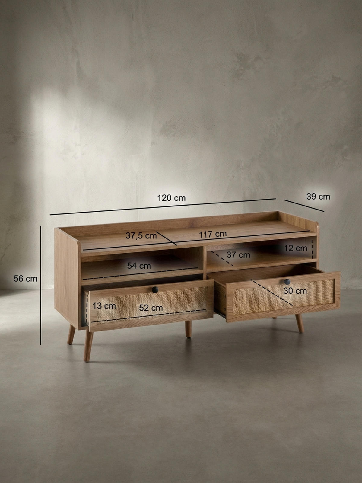 LOWBOARD Eiche-Dekor Rattan Modern Stil 120x56x39 cm mit Schubladen - Eichefarben/Braun, Holz (120/56/39cm) - KADIMA DESIGN