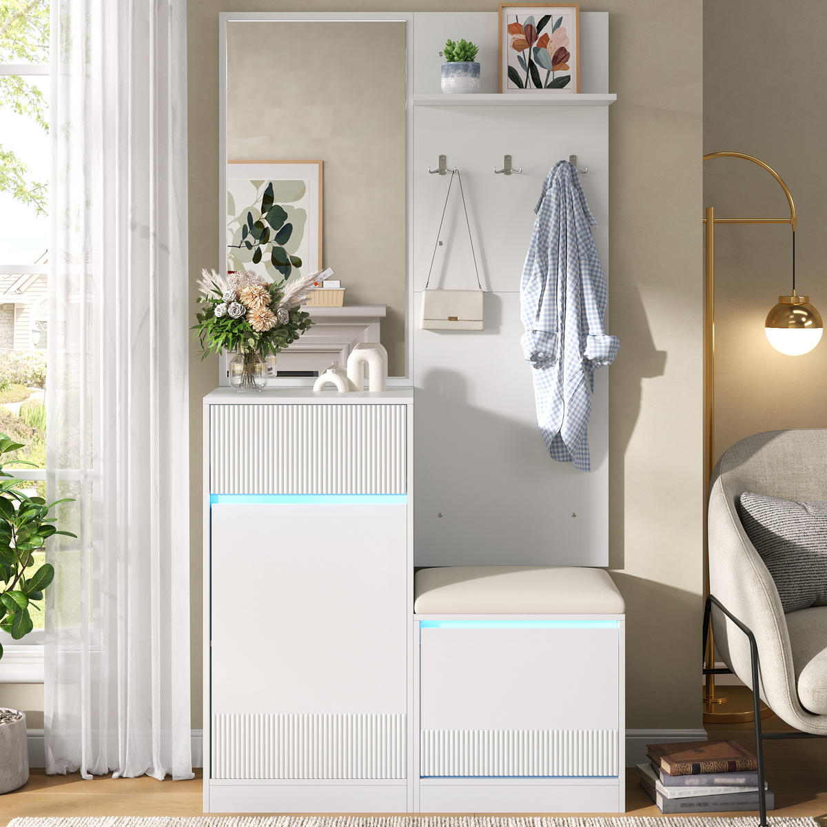 GARDEROBE mit Spiegel, Schuhschrank, Schuhbank und LED - Weiß, Holzwerkstoff (105/190/38cm) - FLIEKS