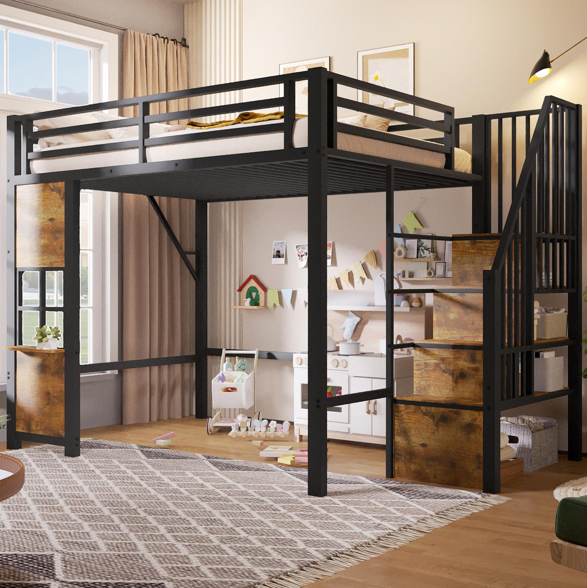 HOCHBETT 140/200 cm aus MDF und Metall mit Ablageleiter, Schwarz - Schwarz, Holzwerkstoff (140/200cm) - OKMYHOME