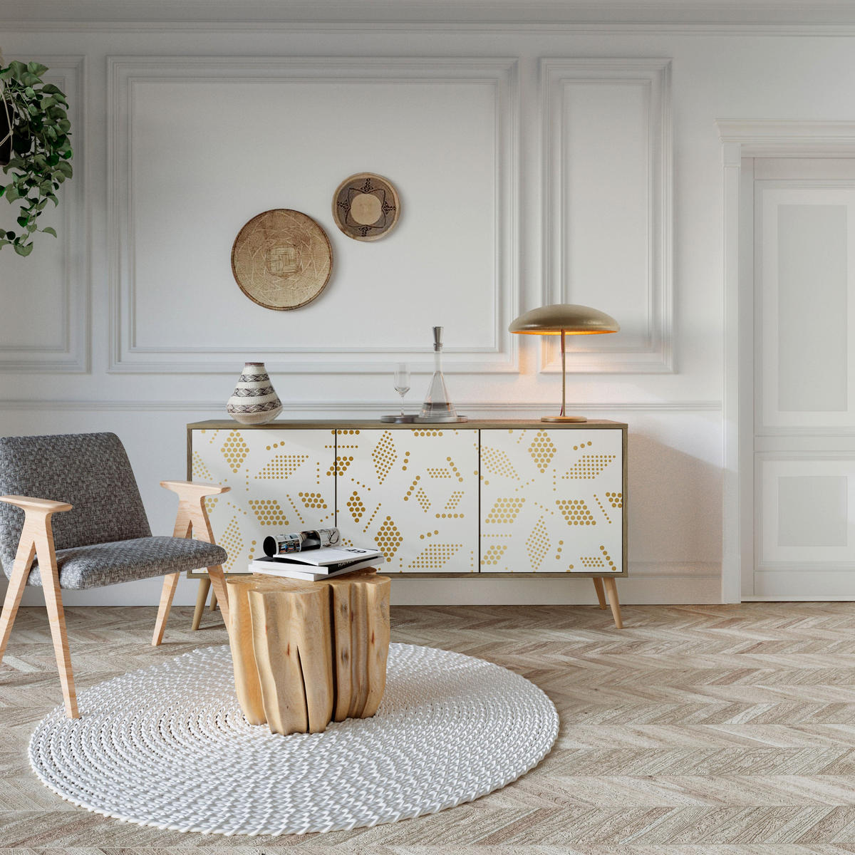 SIDEBOARD SPOTTED DAZE, Eicheneffekt, 164,5x42x77,5 cm, 3 Türen - Eichefarben/Buchefarben, Holzwerkstoff/Buchenholz (164.5/77.5/42cm) - SpaceRebels