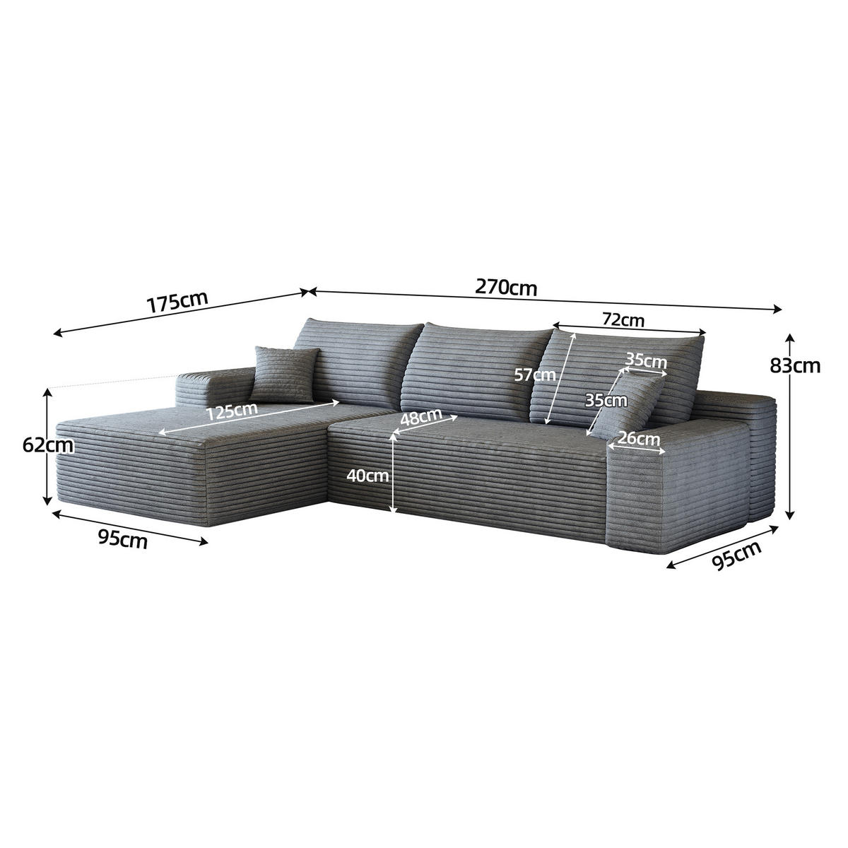 ECKSOFA 270/175/83 cm Grau Cord mit Chaiselongue, Linke Seite - Grau, Textil (270/175cm) - Oxeza