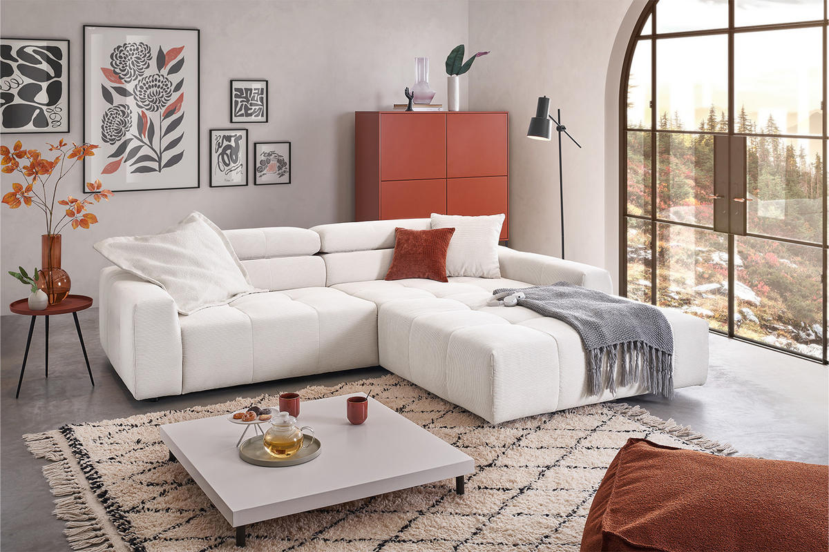ECKSOFA RENO Weiß Cord - Schwarz/Weiß, Kunststoff/Textil (258/217cm) - KAWOLA