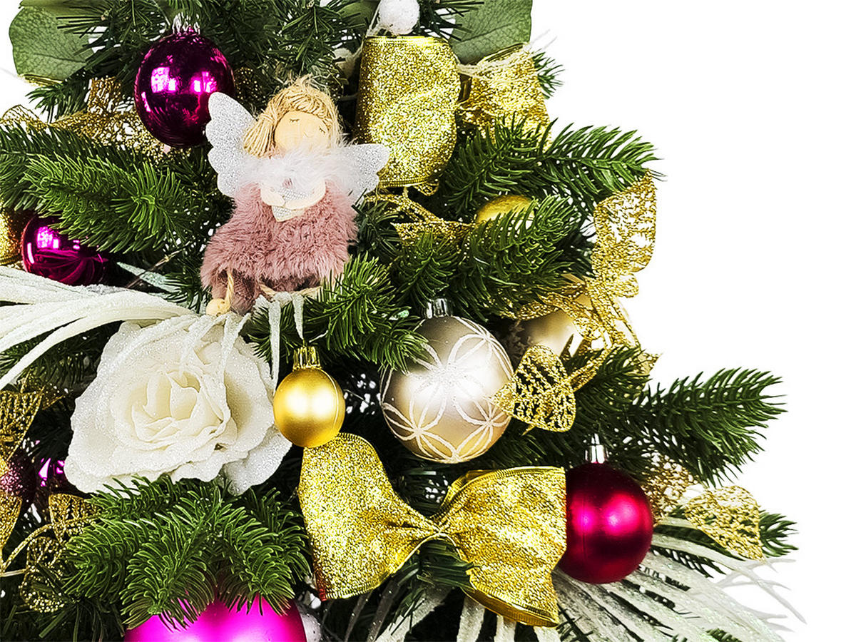 WEIHNACHTSBAUM künstlicher 60 cm mit LED-Beleuchtung, ROSENZAUBER II, mit 37 Weihnachtsbaumschmuck, Pflanztopf mit Jutesack - Pink/Goldfarben, Kunststoff/Stein (40/60cm) - LAALU