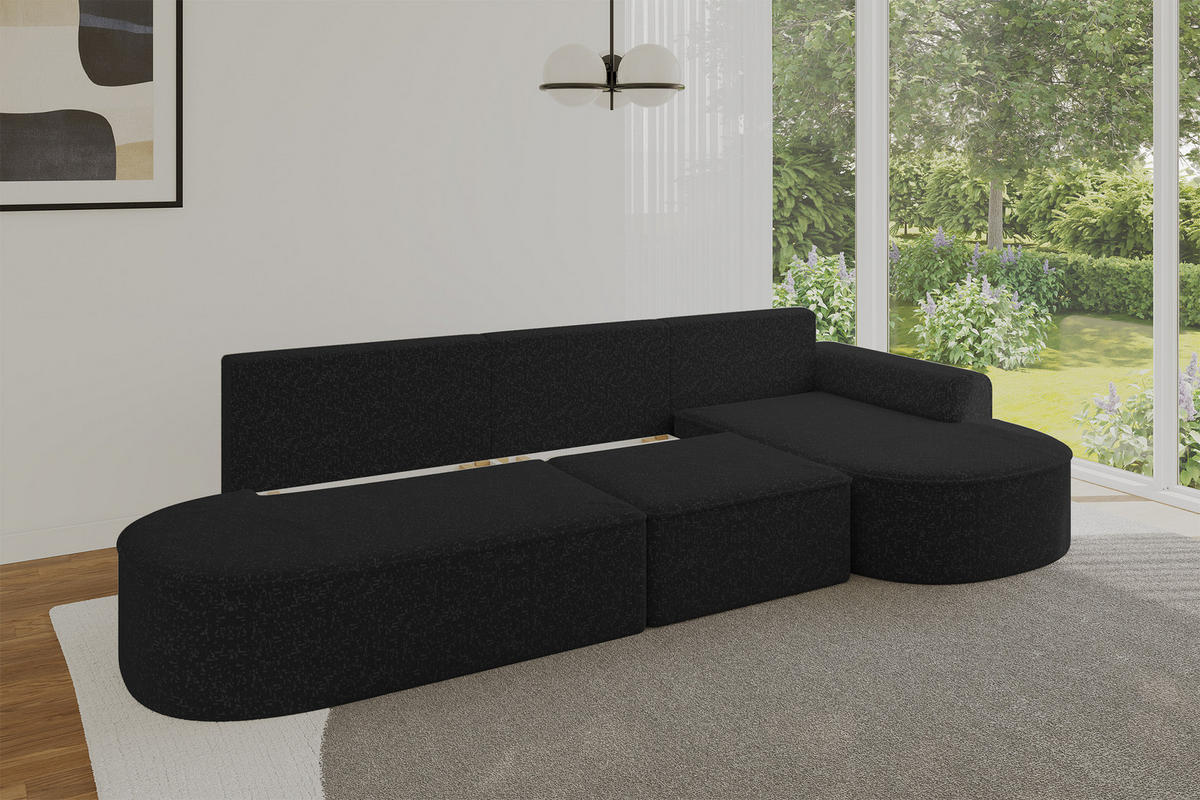 ECKSOFA mit Schlaffunktion Ottomane RECHTS MARI L2-S 368X167X85 Schwarz Velours - Schwarz Hochglanz/Schwarz, Holzwerkstoff/Kunststoff (167/368cm) - ALTDECOR