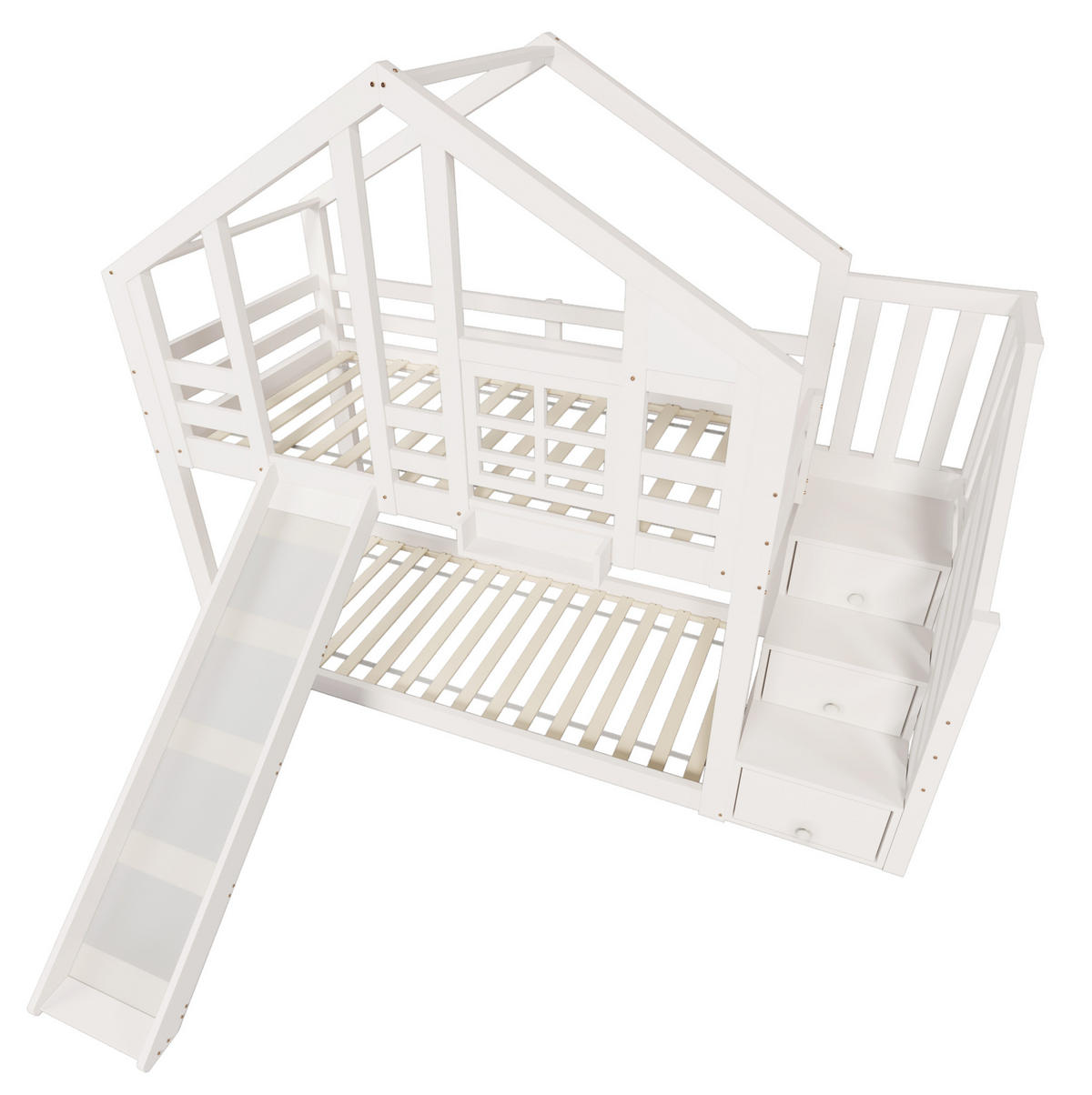 HAUSBETT 90/200 cm Weiß mit Rutsche und Stauraumtreppe - Weiß, Holzwerkstoff (90/200cm) - Flora Grace
