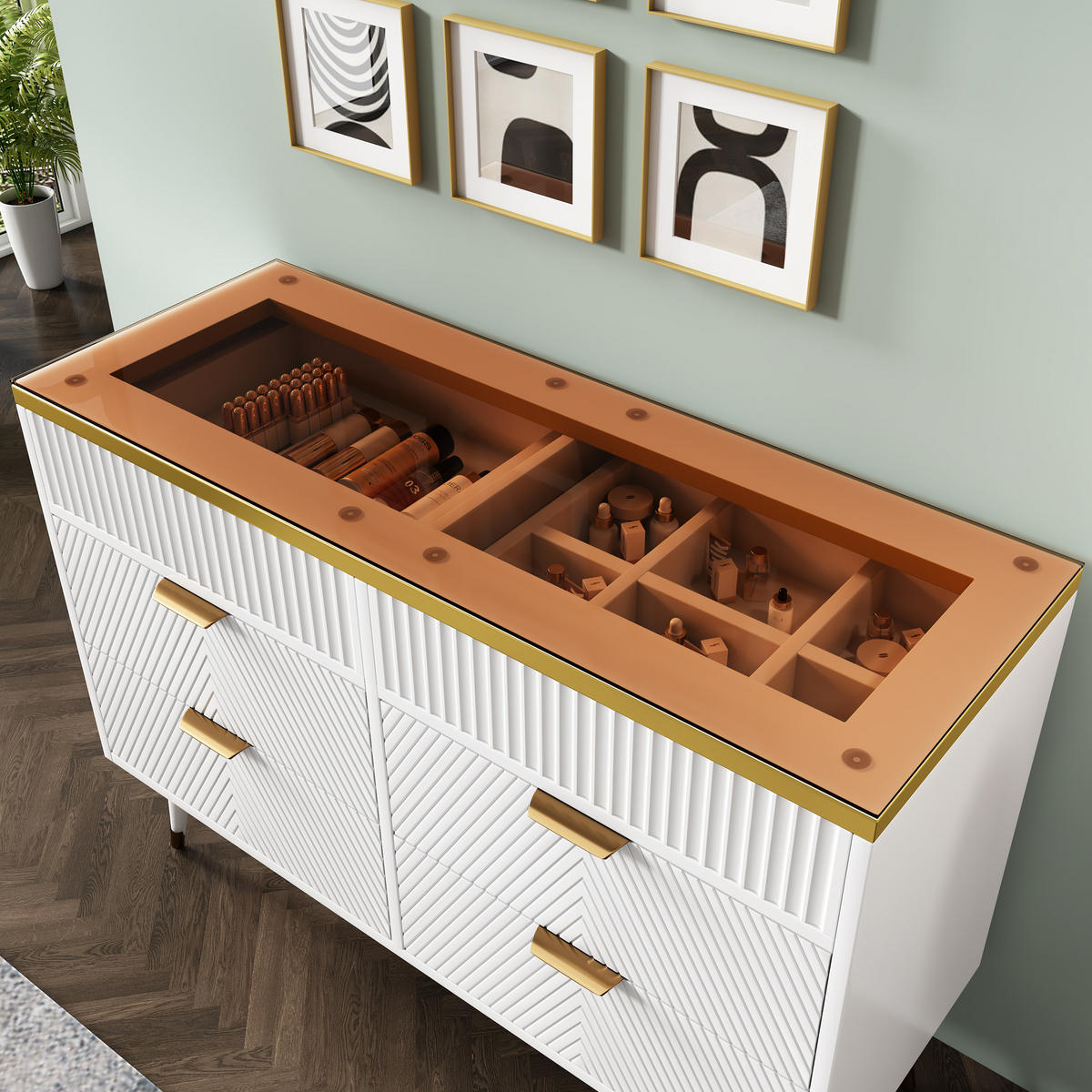 KOMMODE in Weiß Sideboard aus Bernstein Glas mit Schubladen für Wohnzimmer und Schlafzimmer, B120/T40/H76 cm - Weiß, Holzwerkstoff/Metall (120/76/40cm) - STILVORA