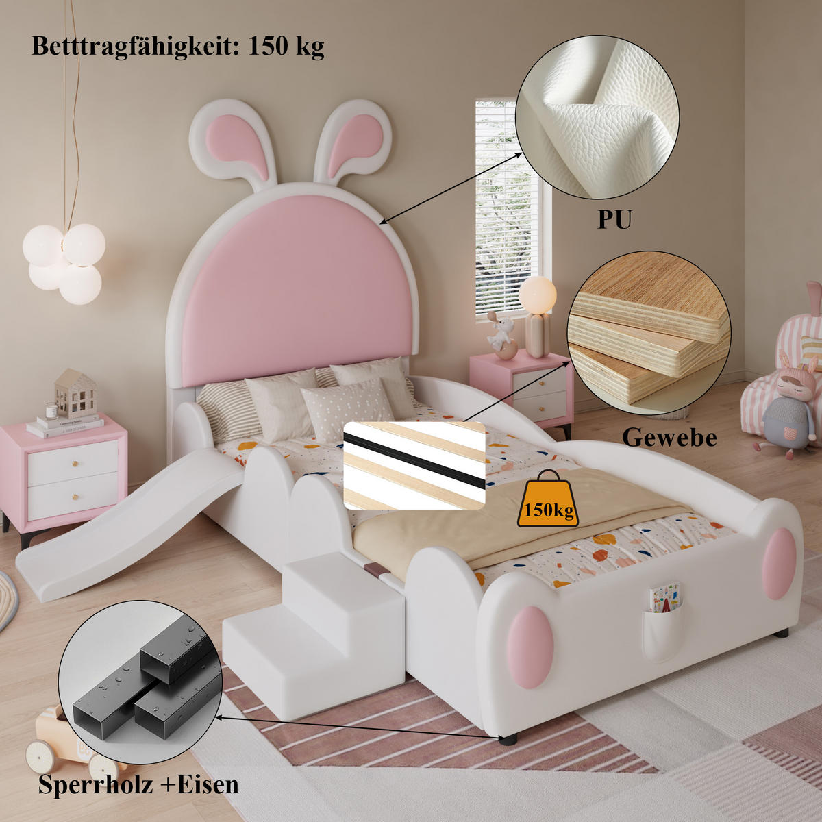 POLSTERBETT 90/200 cm Weiß Rosa mit Rutsche und Treppe Hasenohren aus PU - Rosa, Kunststoff (90/200cm) - OKWISH