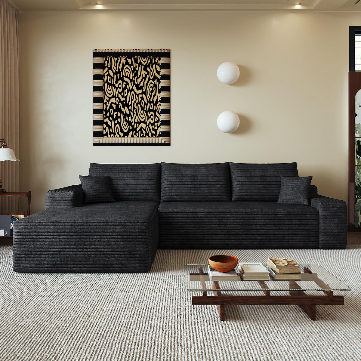 ECKSOFA 270/175/83 cm Schwarz Cord mit Chaiselongue, Linke Seite - Schwarz, Textil (270/175cm) - Oxeza