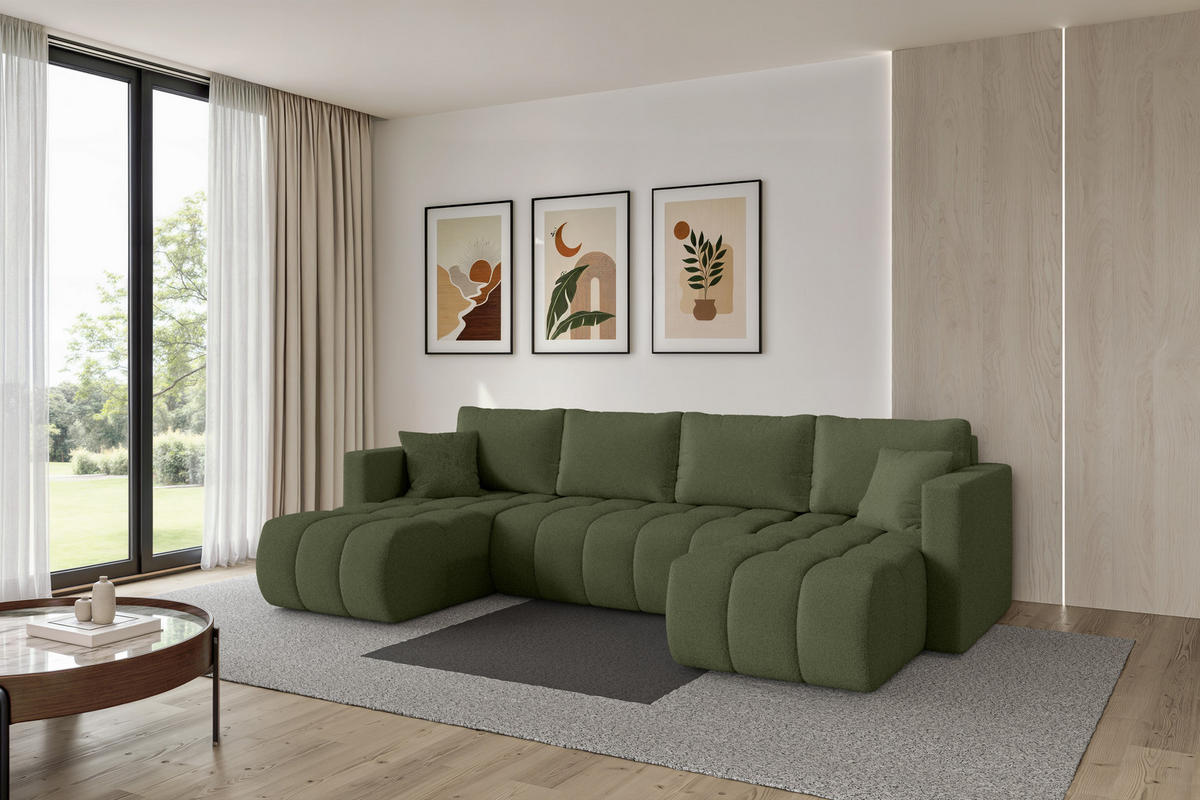 SEDACÍ SOUPRAVA DO U s funkcí spaní a úložným prostorem GARD-U 300x146x85 zelená bouclé - černá/zelená barva, kompozitní dřevo/textil (300/85/146cm) - ALTDECOR